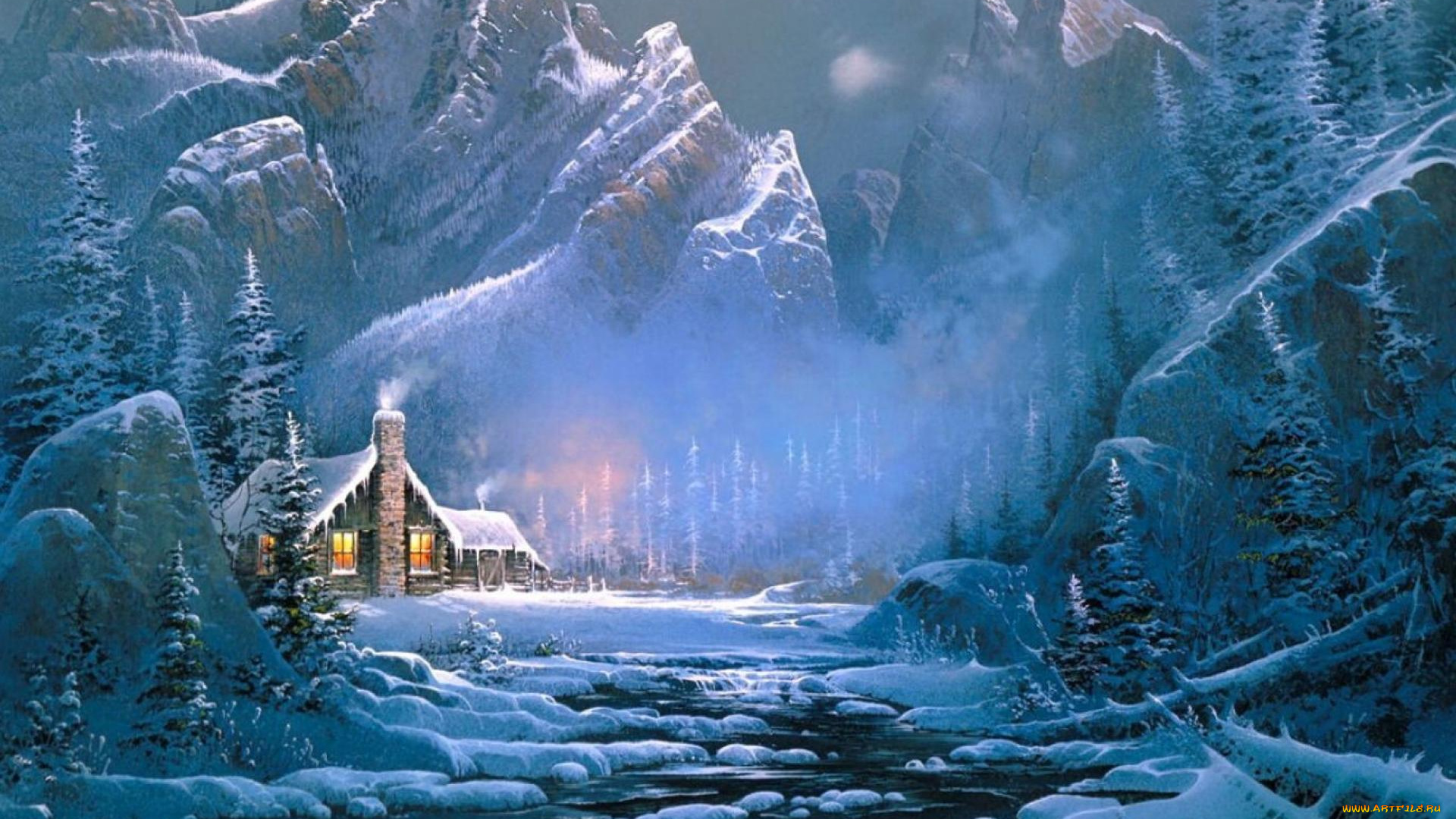 рисованное, природа, дом, горы, лес, река, снег, зима