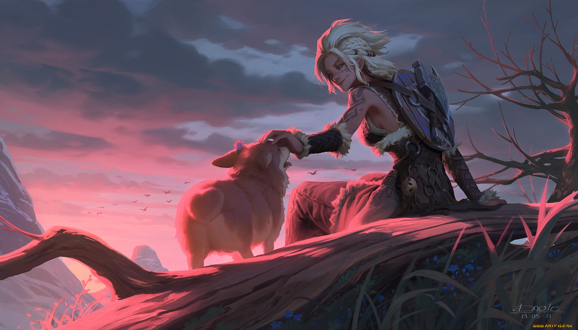 фэнтези, девушки, девушка, бревно, собака, закат