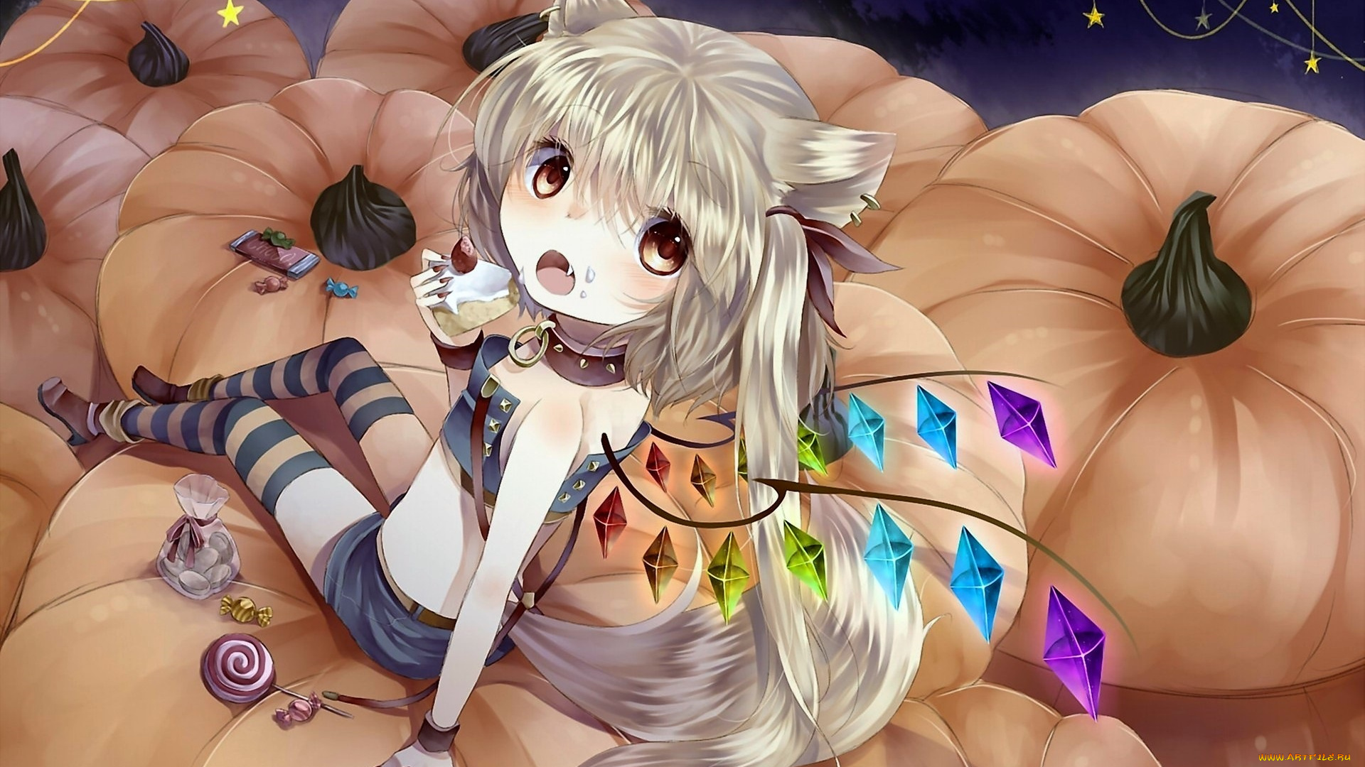 аниме, touhou, девочка, крылья, сладости, тыквы