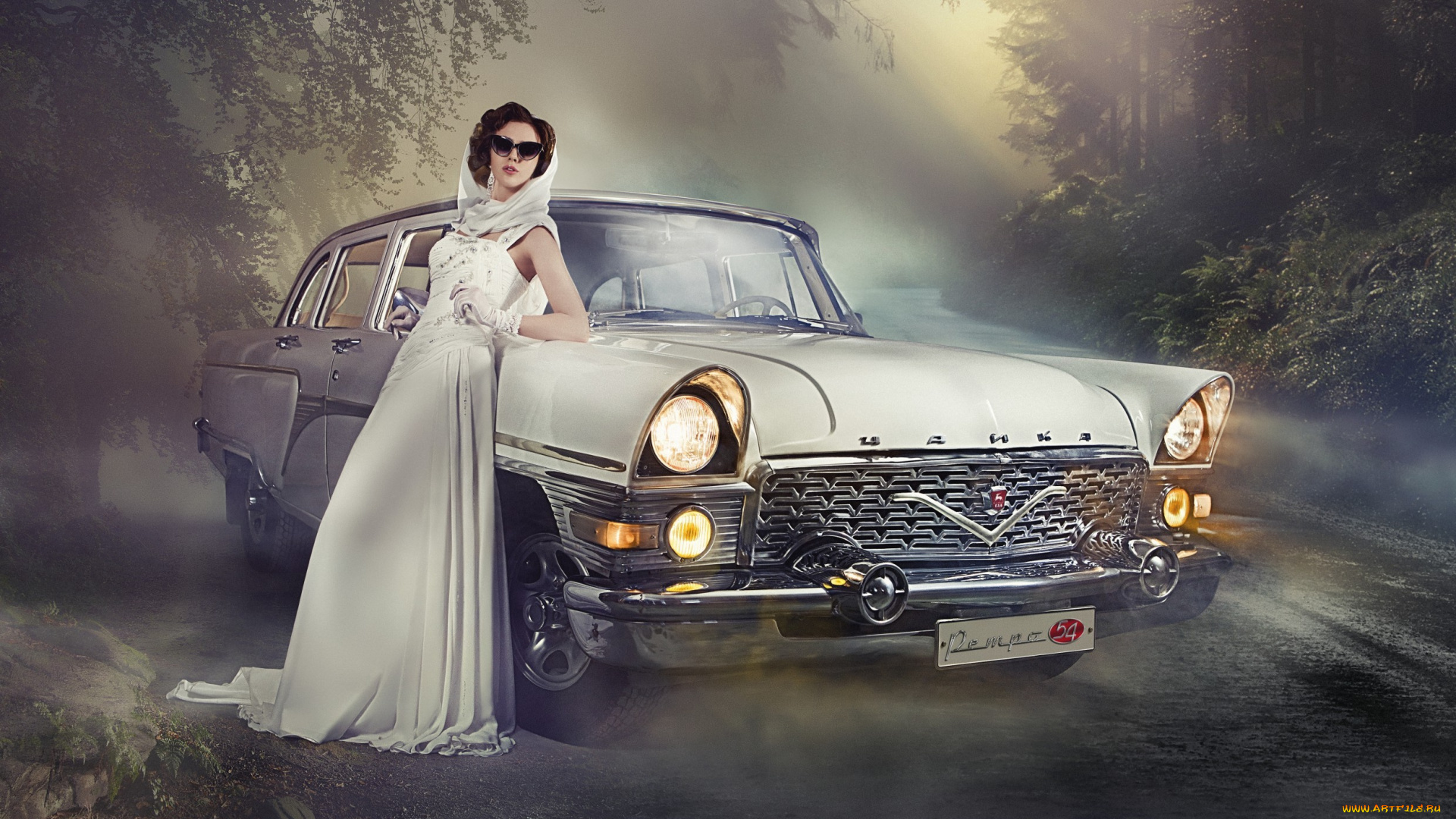 автомобили, -авто, с, девушками, женщины, с, машинами, олдтаймер, автомобиль, платье, белое, модель, в, очках, газ