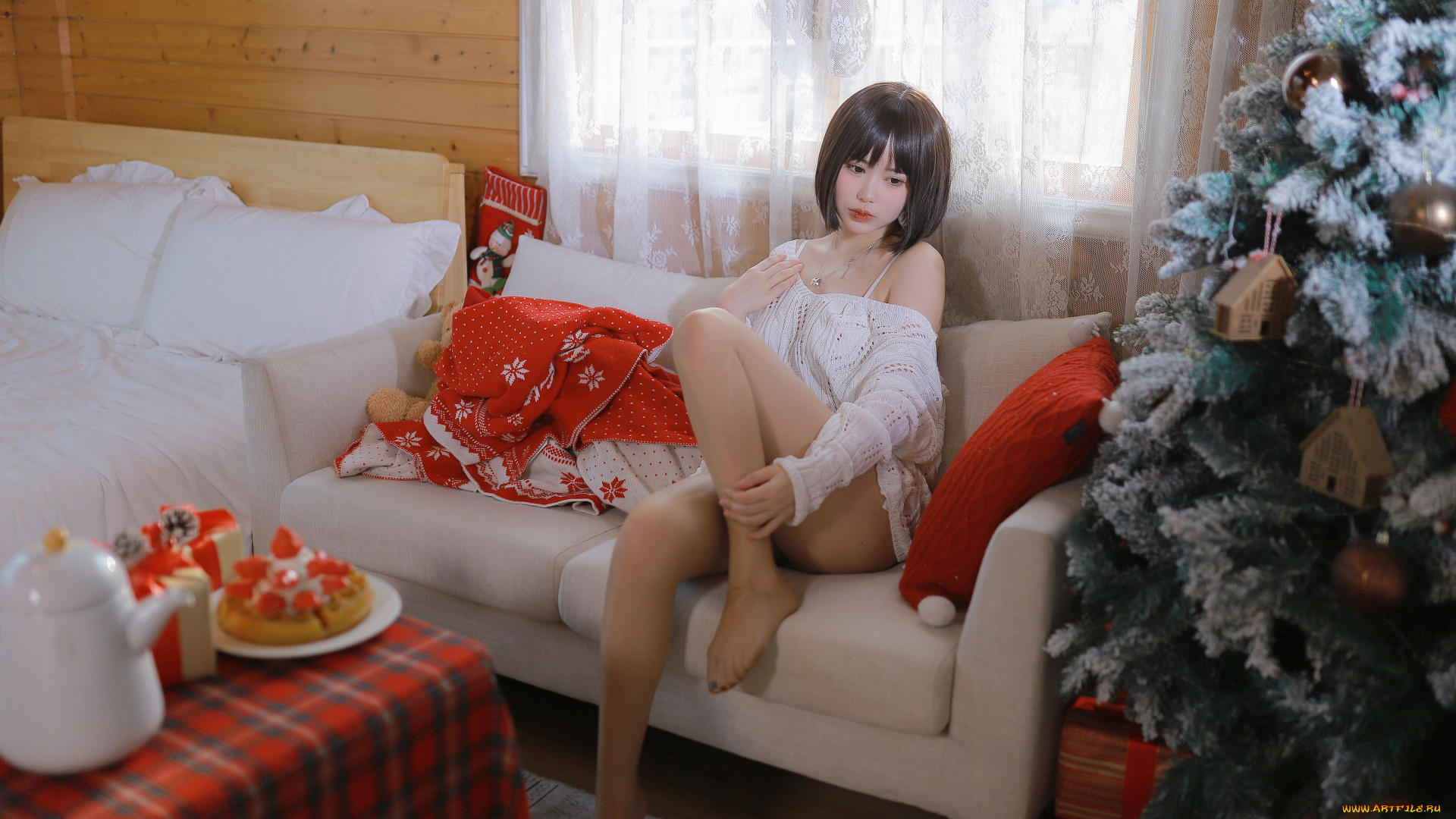 девушки, -, азиатки, tina, азиатка, большая, грудь, на, диване, сидит, ноги, женщины, рождество
