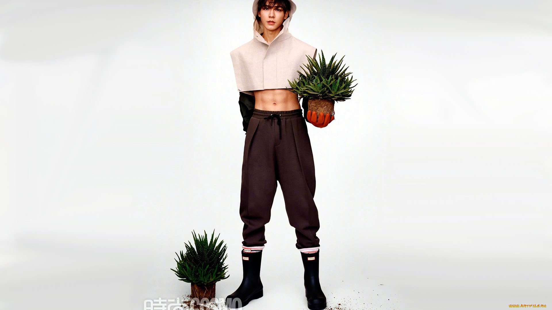 мужчины, gong, jun, |, simon, gong, актер, топ, капюшон, сапоги, цветы