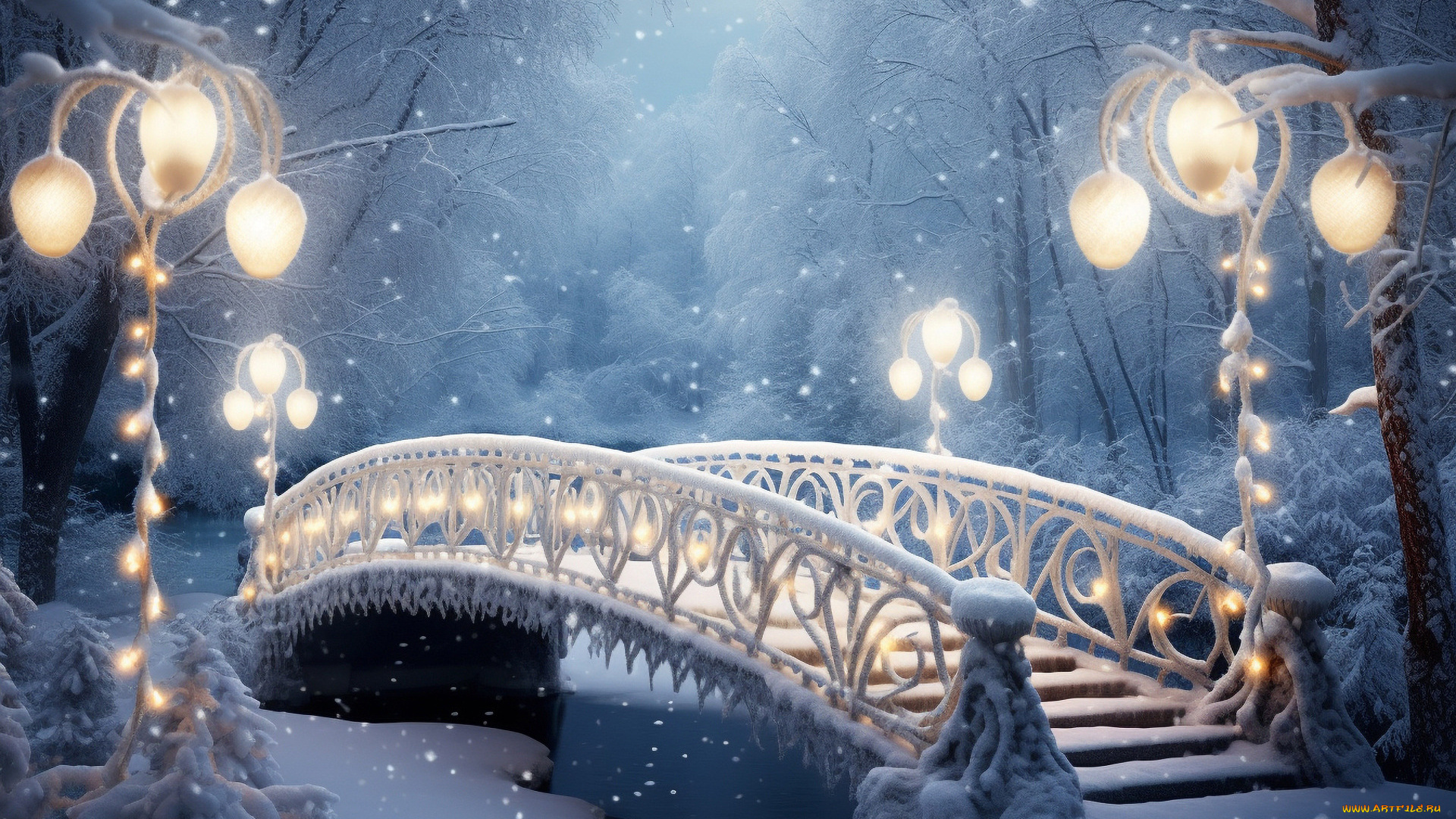 рисованное, города, зима, снег