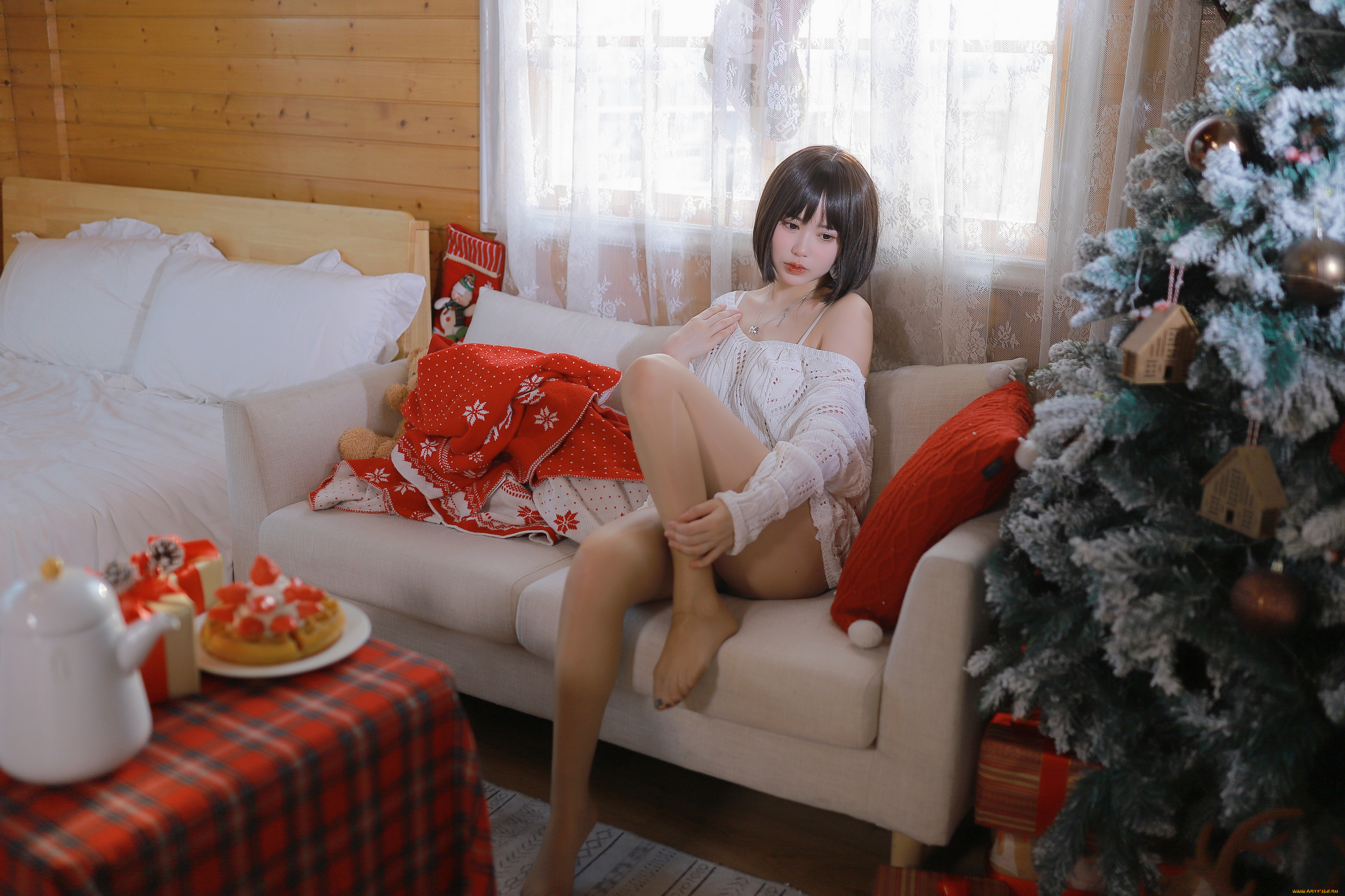 девушки, -, азиатки, tina, азиатка, большая, грудь, на, диване, сидит, ноги, женщины, рождество