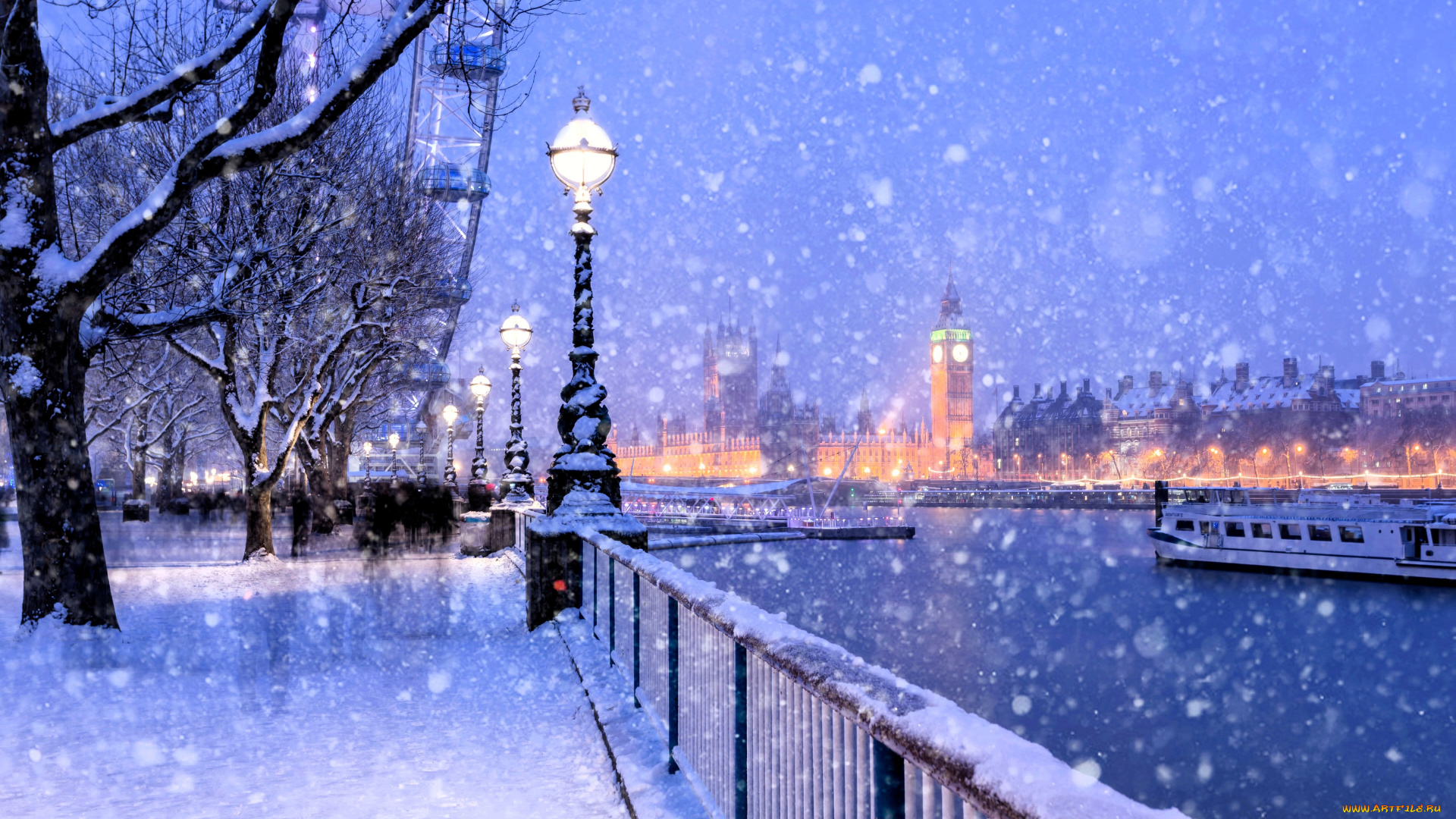 города, лондон, , великобритания, деревья, снег, река, ограда, судно, башня