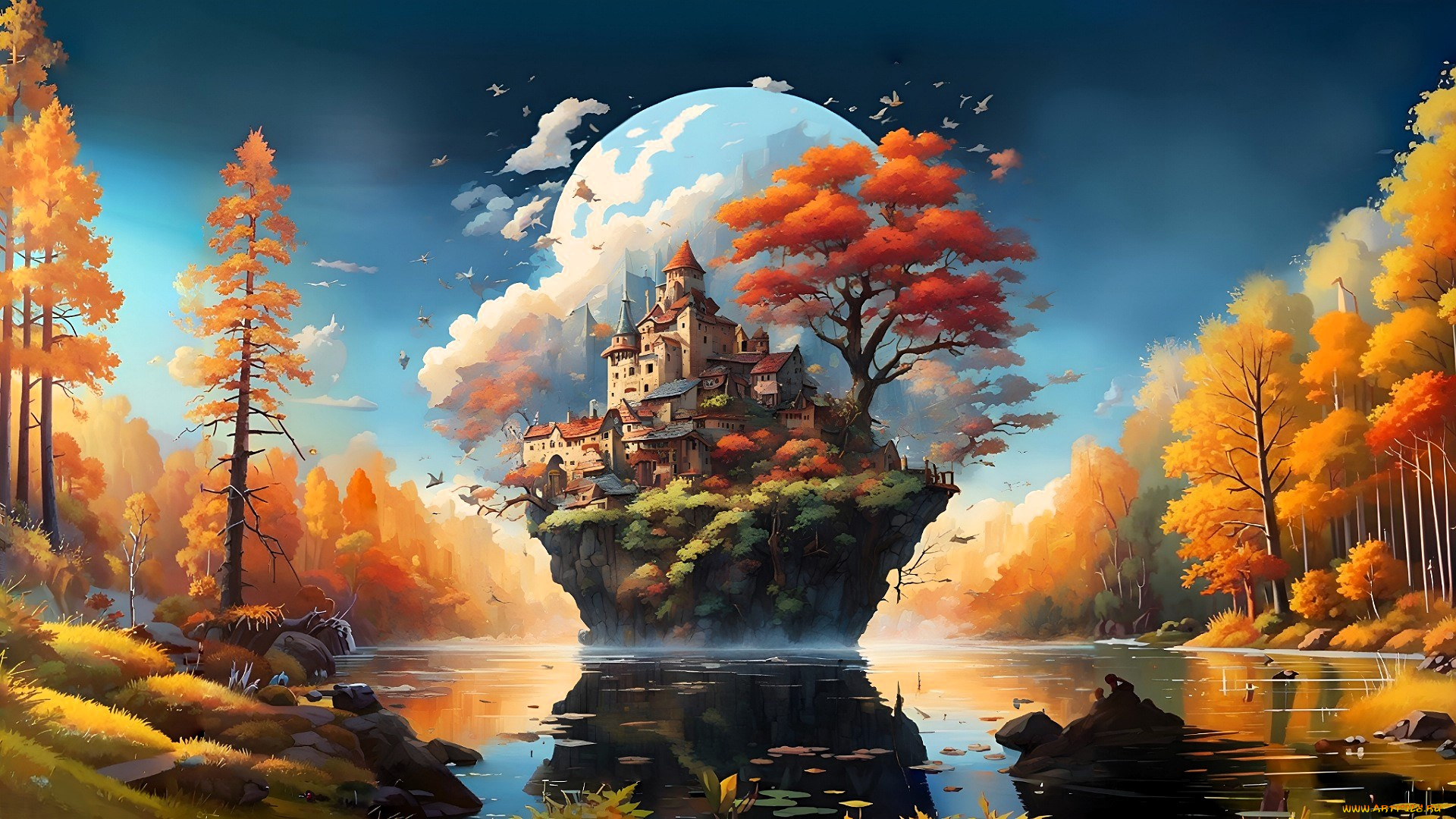 рисованное, города, осень, лес, озеро, остров, замок, луна