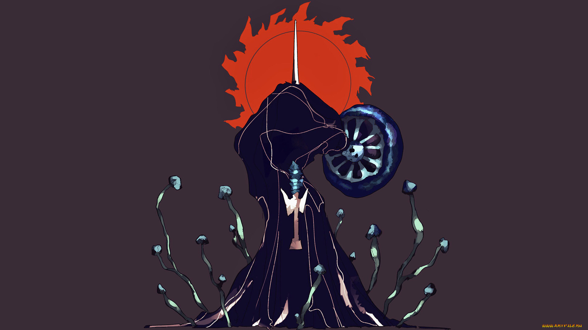 видео, игры, shin, megami, tensei, v, фигура, солнце, меч, щит, мантия, цветы