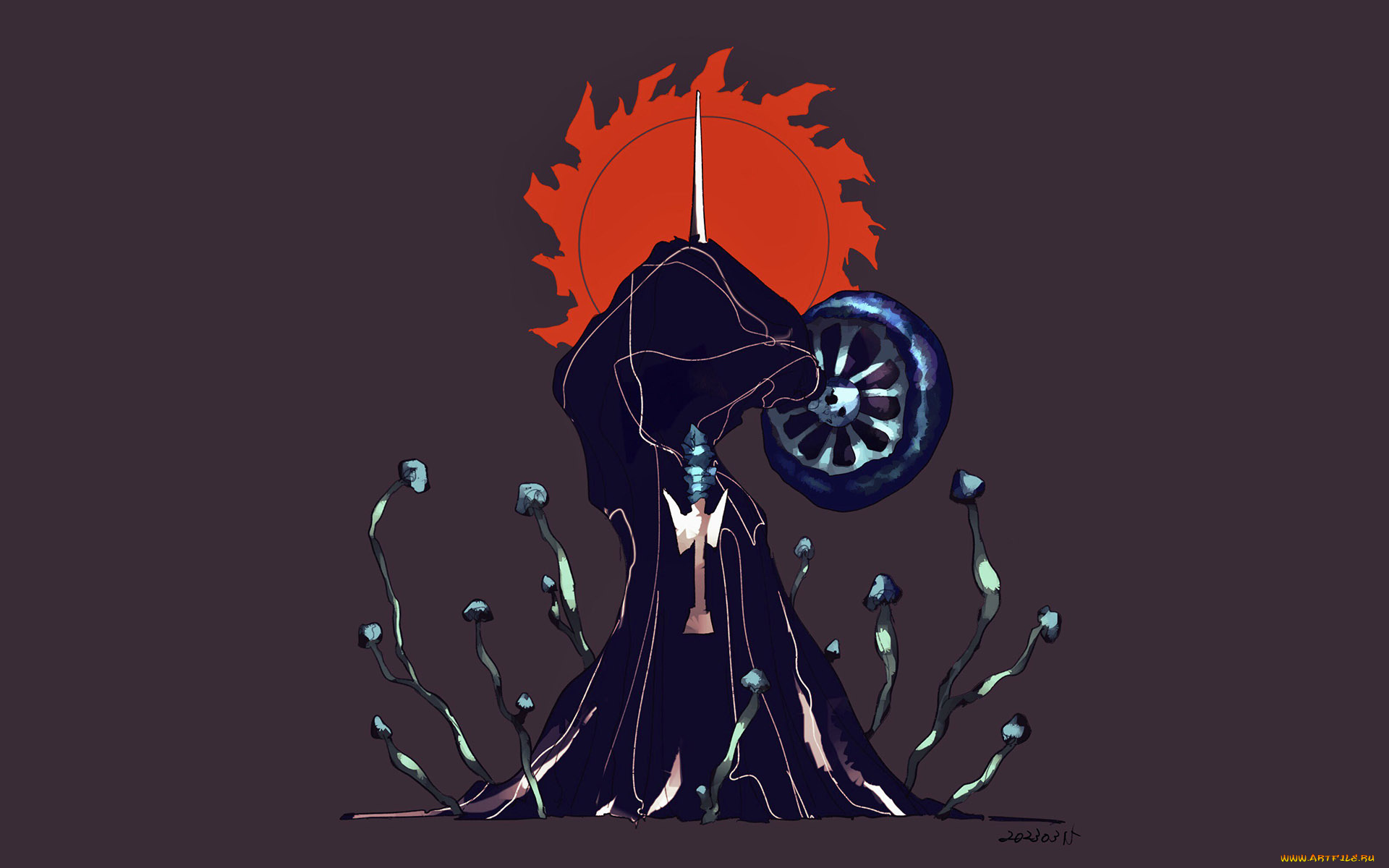 видео, игры, shin, megami, tensei, v, фигура, солнце, меч, щит, мантия, цветы