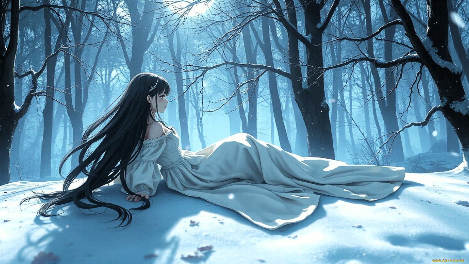 аниме, зима, , новый, год, , рождество, девушка, платье, снег, лес, деревья