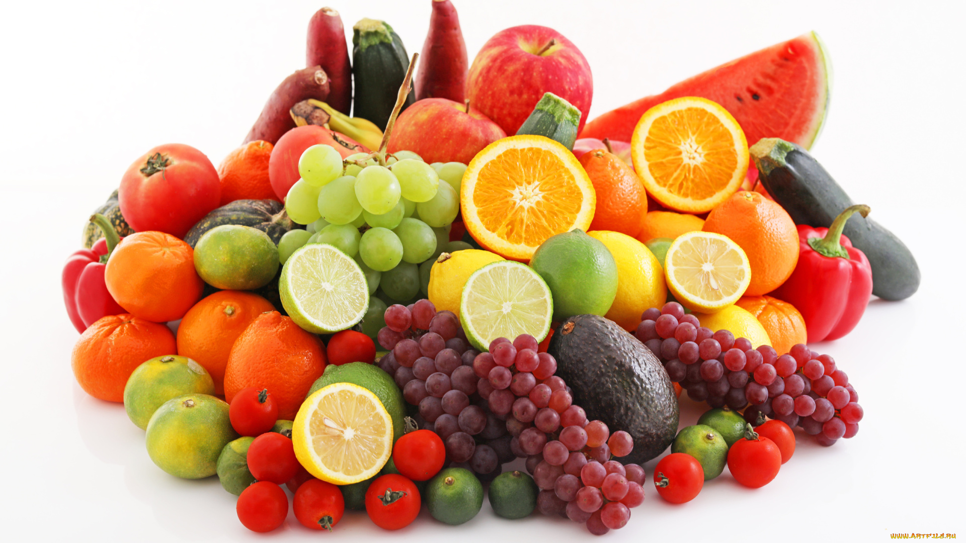 еда, фрукты, и, овощи, вместе, помидоры, перец, яблоки, виноград, фейхоа, арбуз