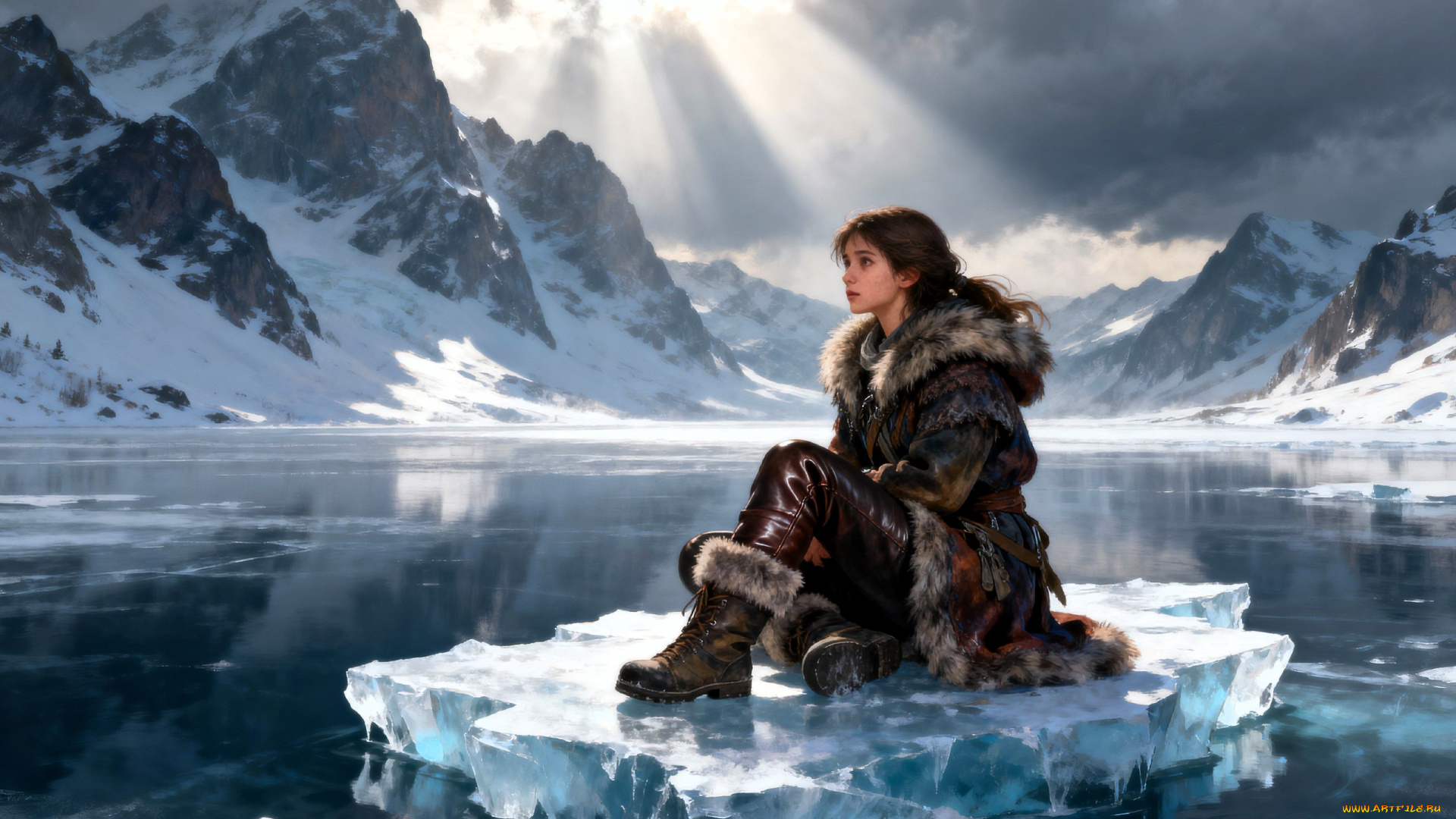 фэнтези, девушки, девушка, шуба, штаны, сапоги, озеро, горы, лед, снег, зима
