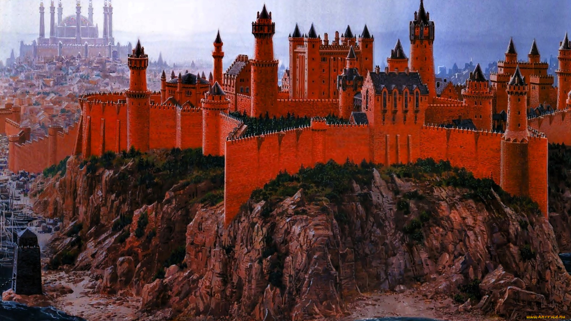 фэнтези, замки, мечеть, город, замок, берег, обрыв, море