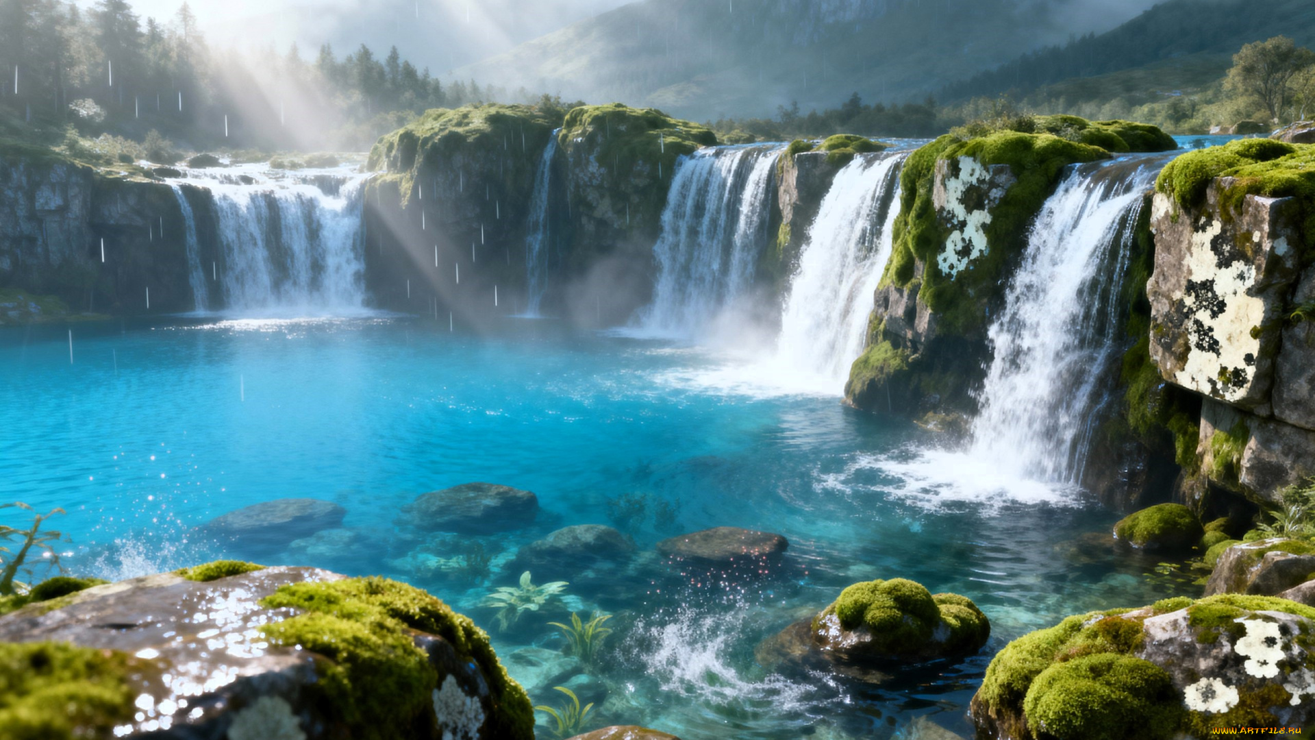 разное, компьютерный, дизайн, горы, водопады, камни, озеро, мох