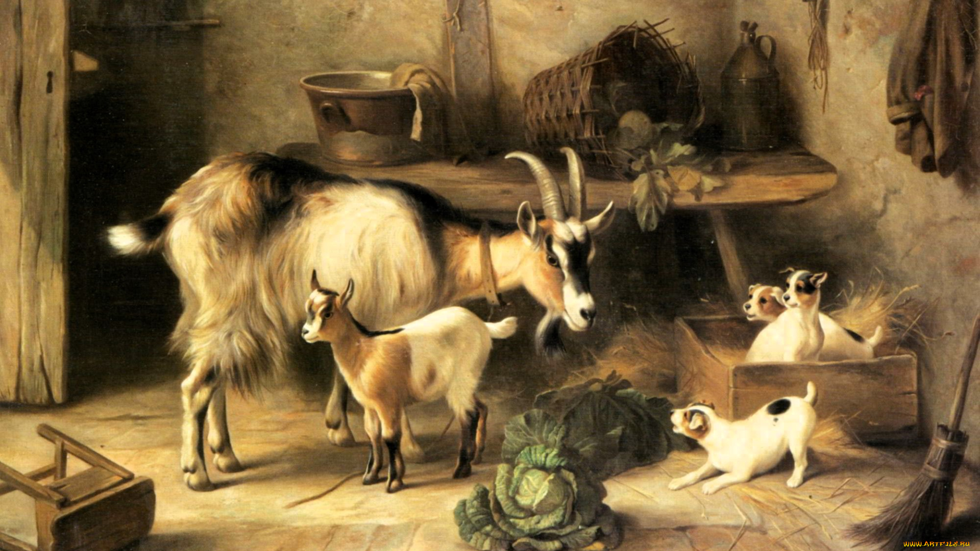 рисованное, edgar, hunt, коза, козленок, щенки, капуста, стол, сарай