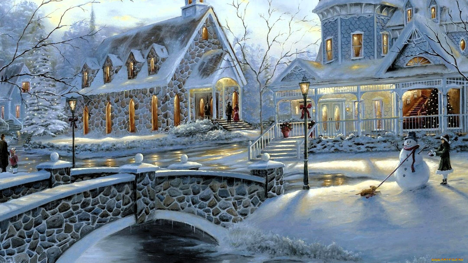 рисованное, robert, finale, дома, особняки, свет, зима, снег, река, мост, снеговик