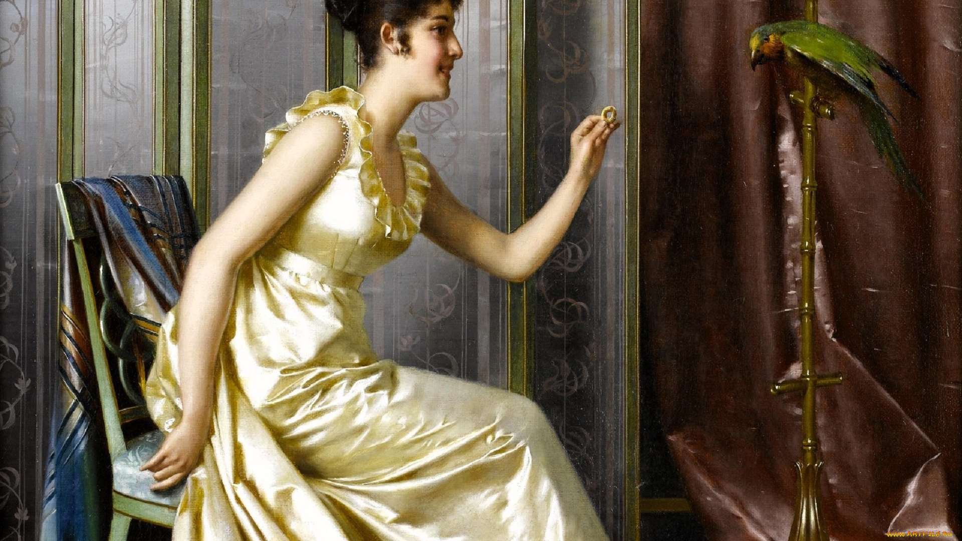 рисованное, vittorio, reggianini, женщина, платье, стул, попугай