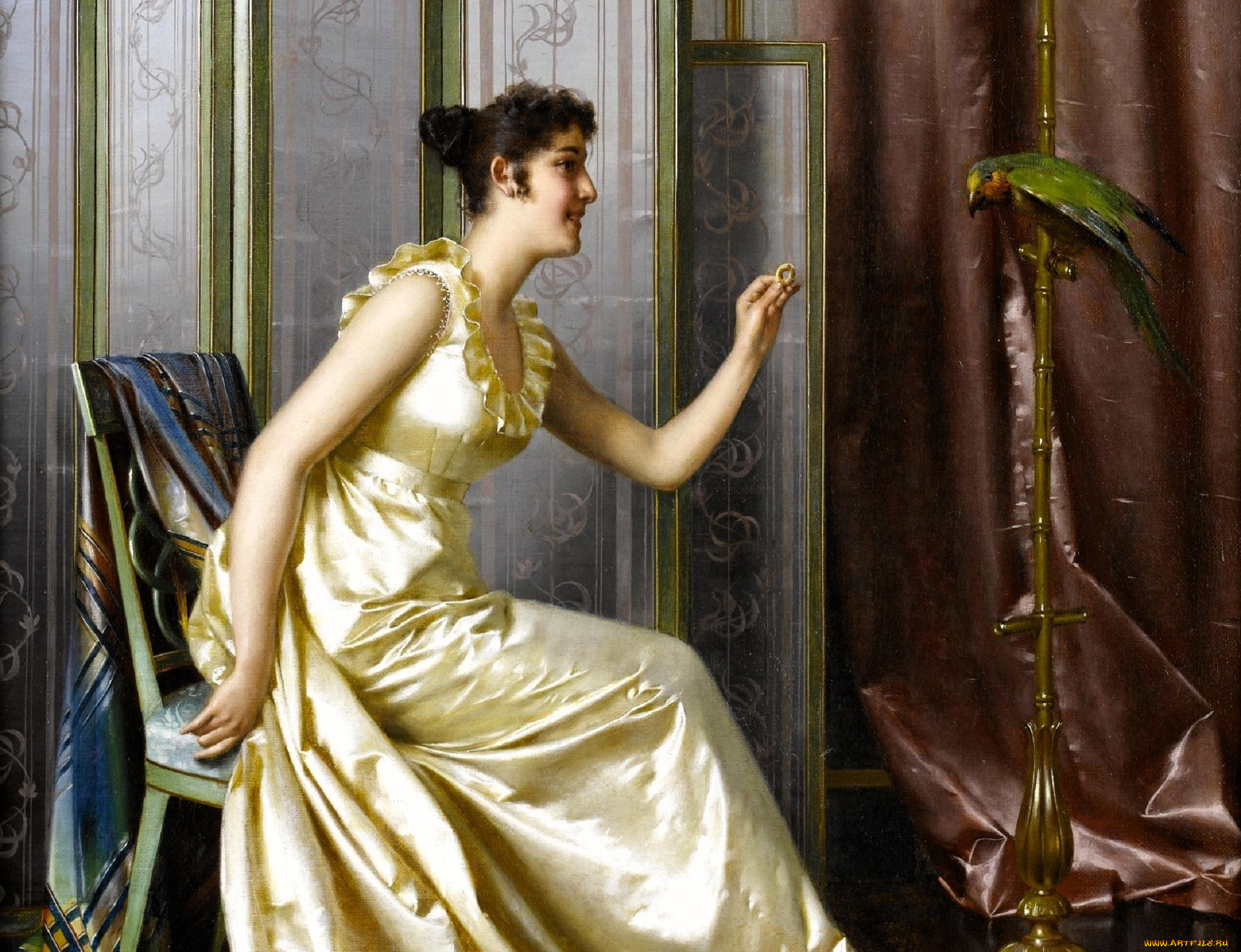 рисованное, vittorio, reggianini, женщина, платье, стул, попугай