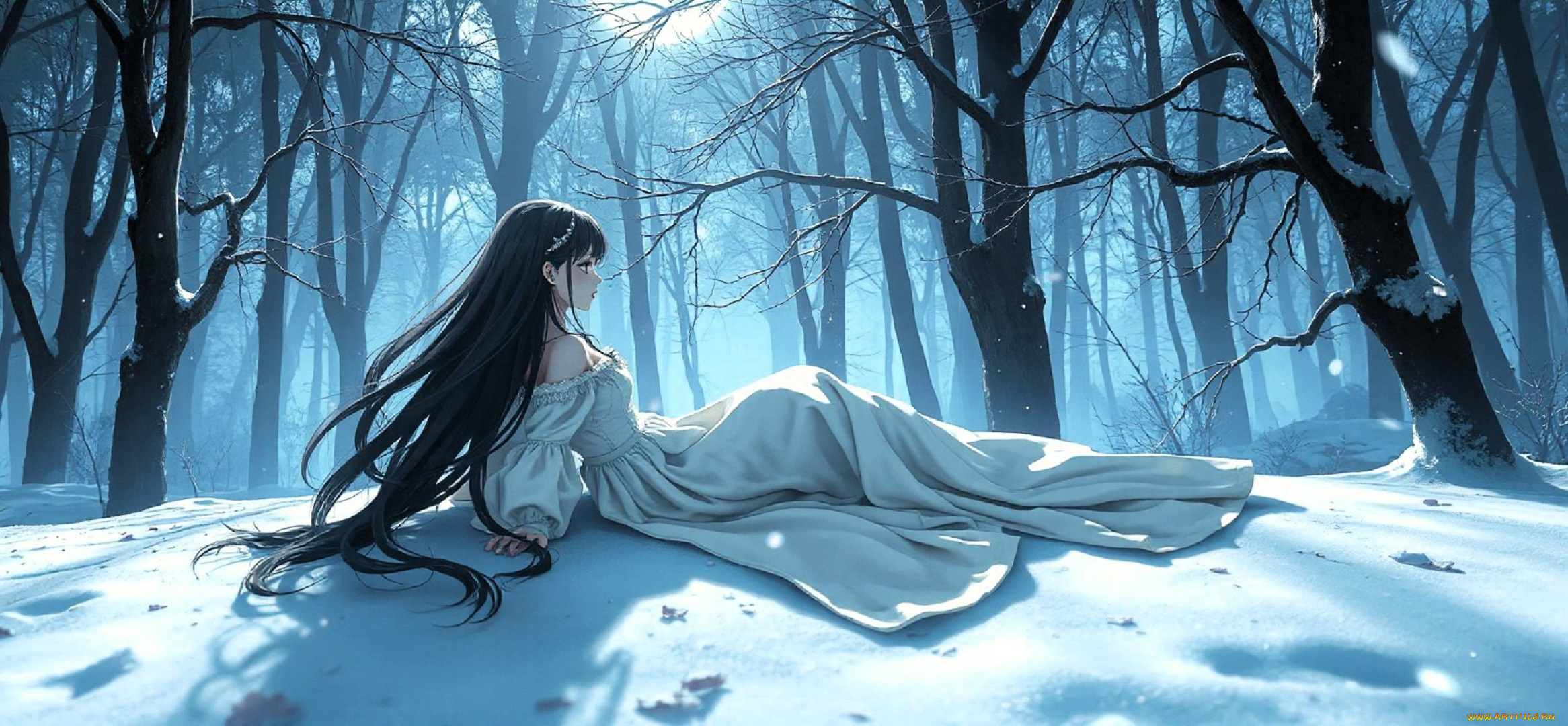 аниме, зима, , новый, год, , рождество, девушка, платье, снег, лес, деревья