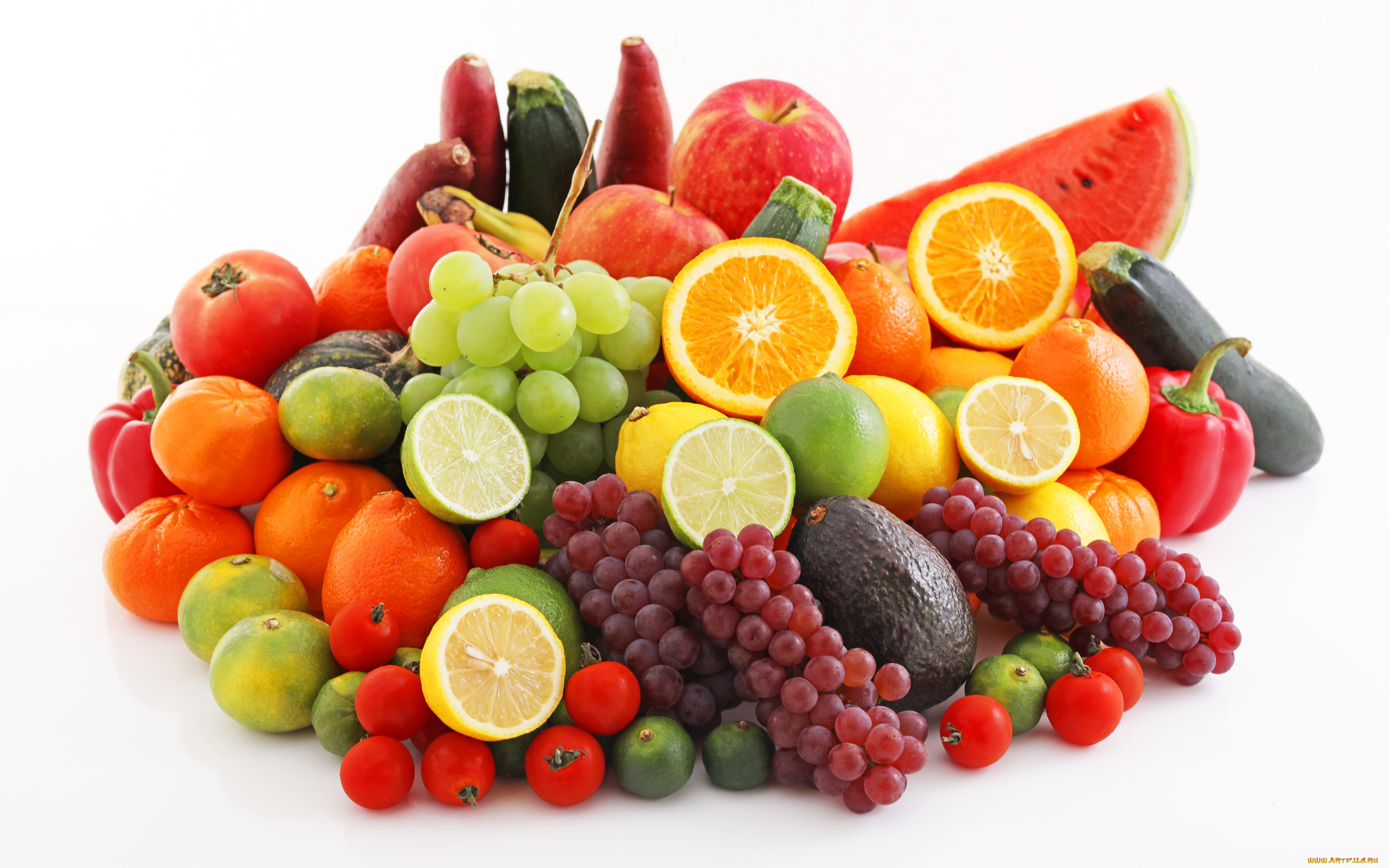 еда, фрукты, и, овощи, вместе, помидоры, перец, яблоки, виноград, фейхоа, арбуз