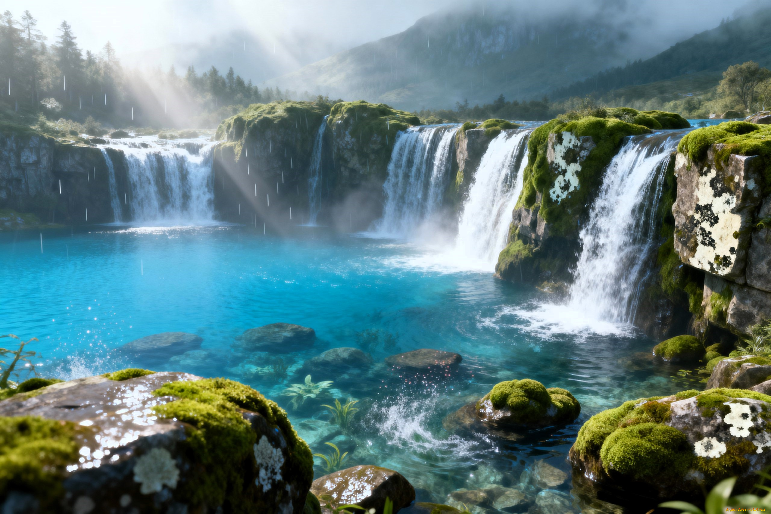 разное, компьютерный, дизайн, горы, водопады, камни, озеро, мох