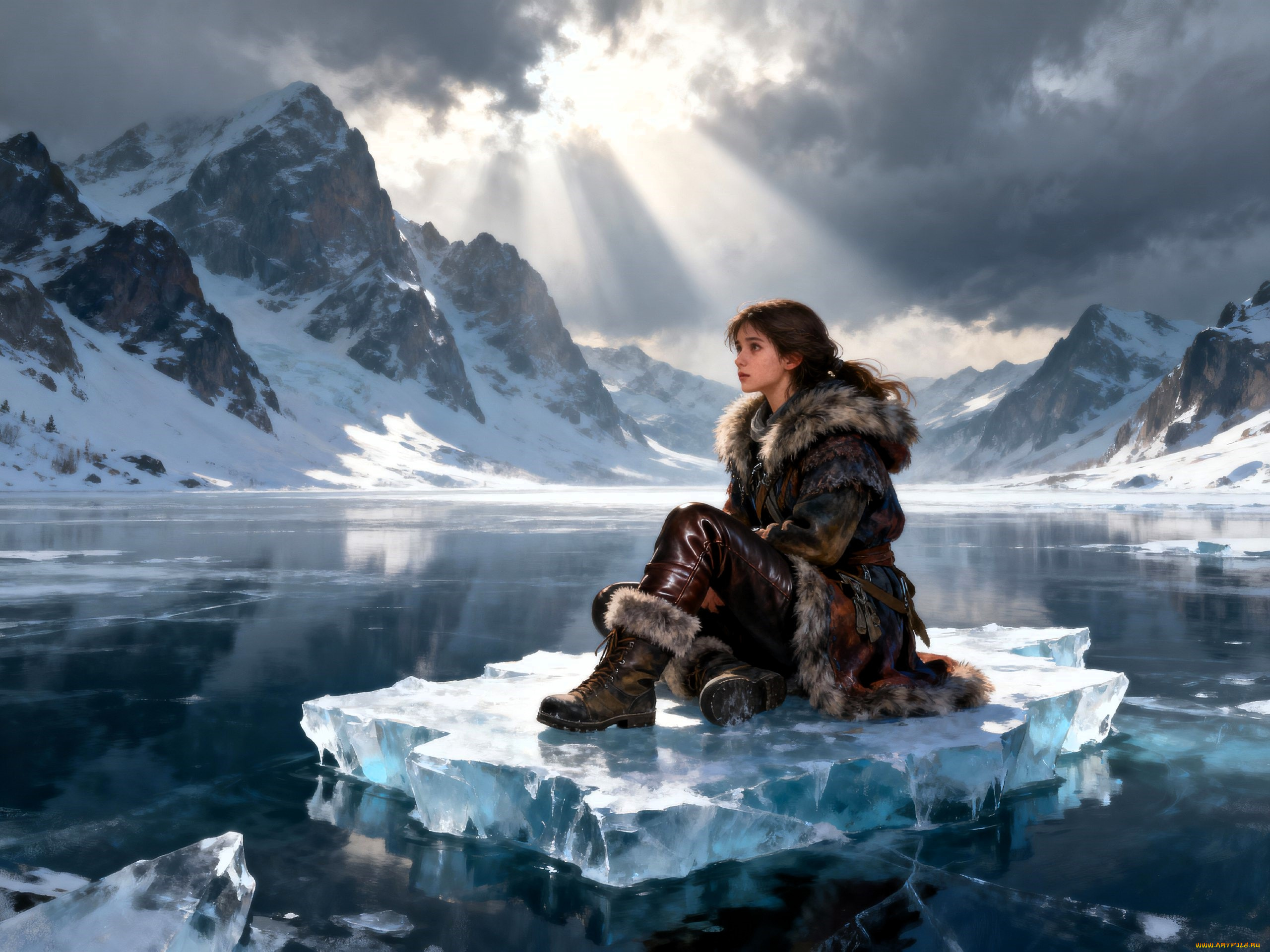 фэнтези, девушки, девушка, шуба, штаны, сапоги, озеро, горы, лед, снег, зима