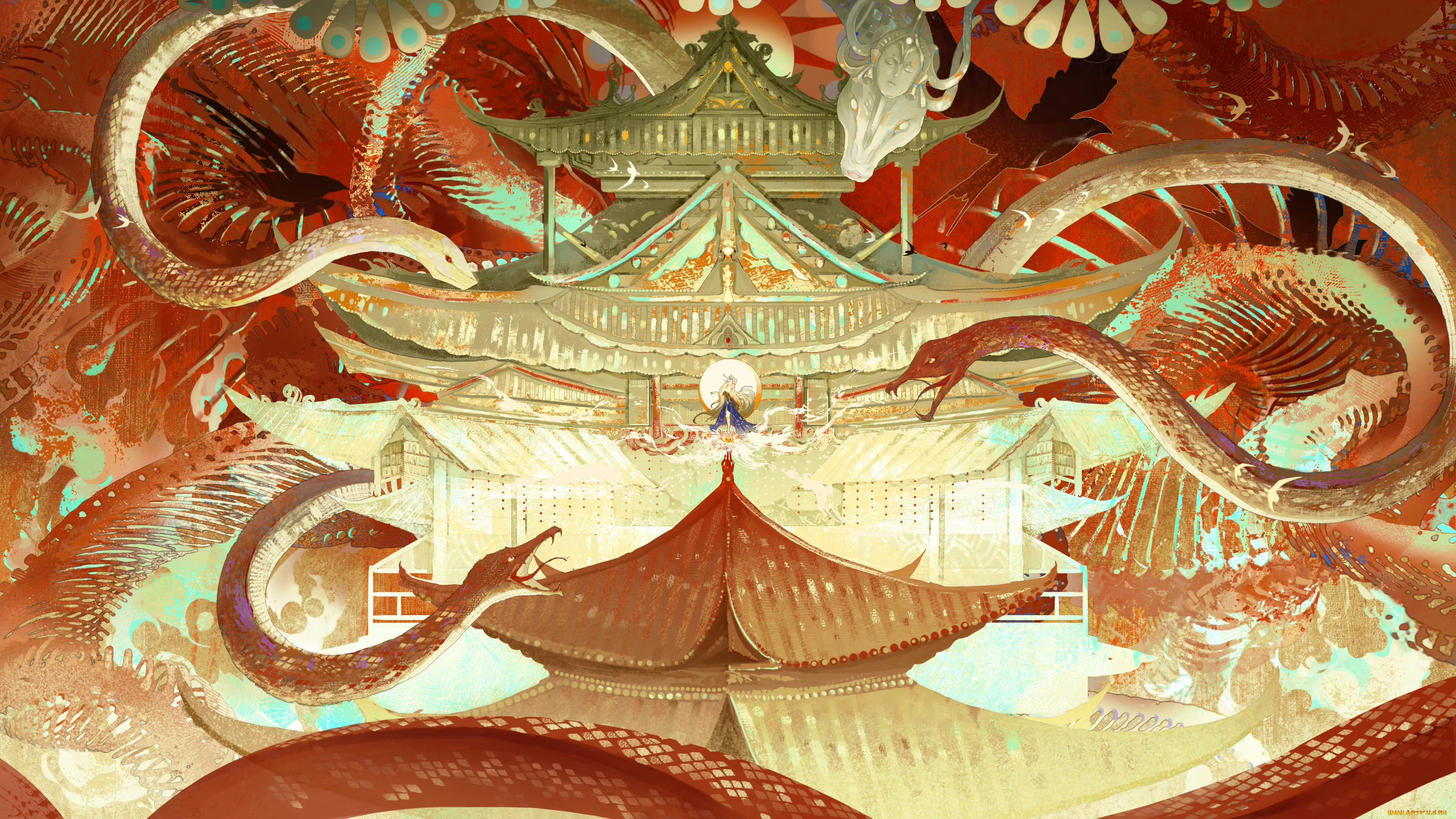 аниме, животные, , существа, драконы, змеи, замок, китай