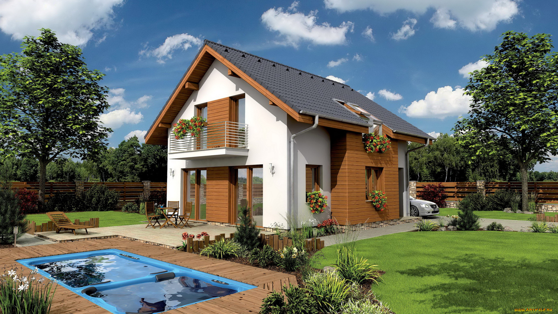 3д, графика, architecture, архитектура, цветы, бассейн, дом