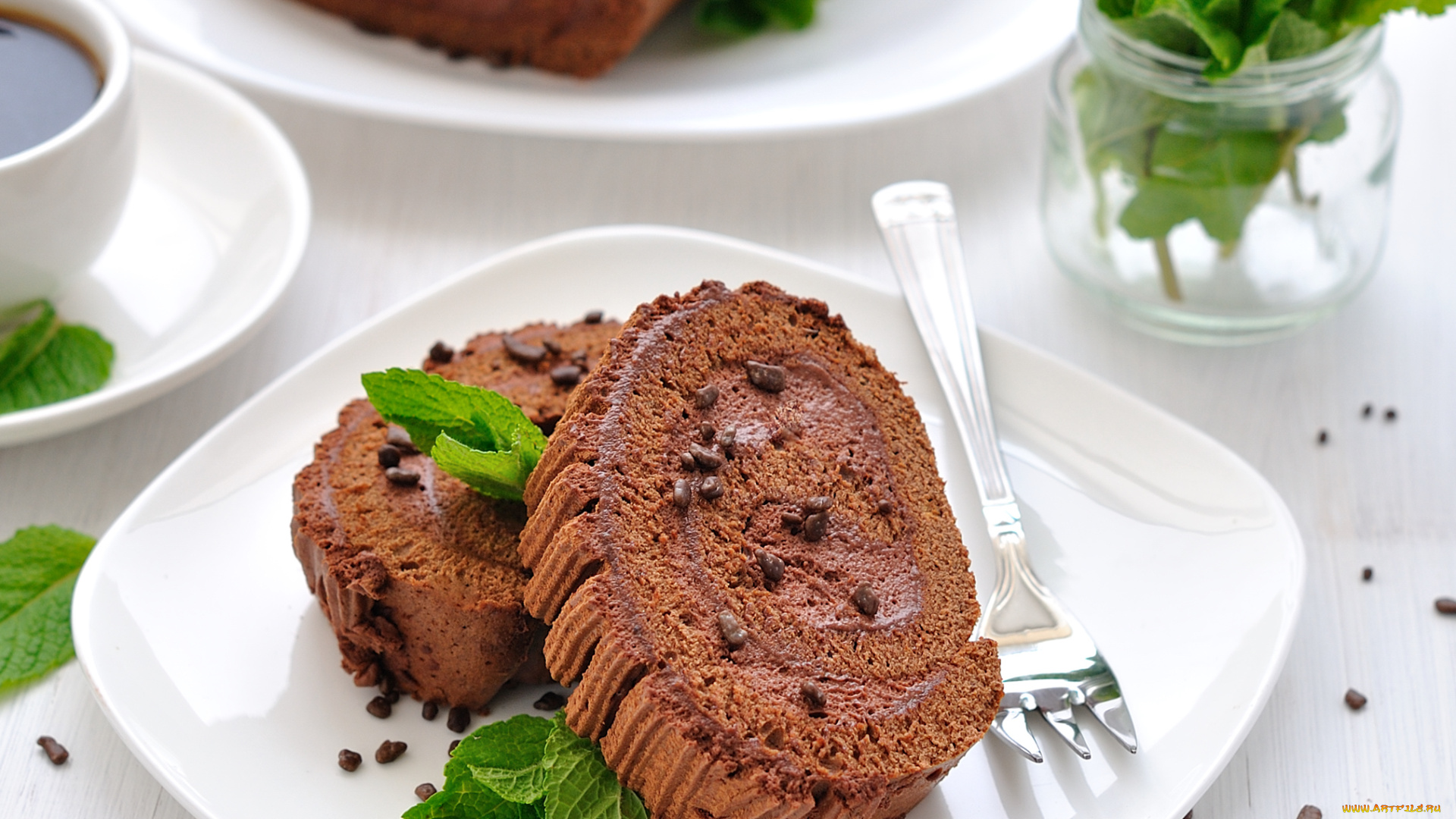 еда, пирожные, кексы, печенье, рулет, мята, вилка