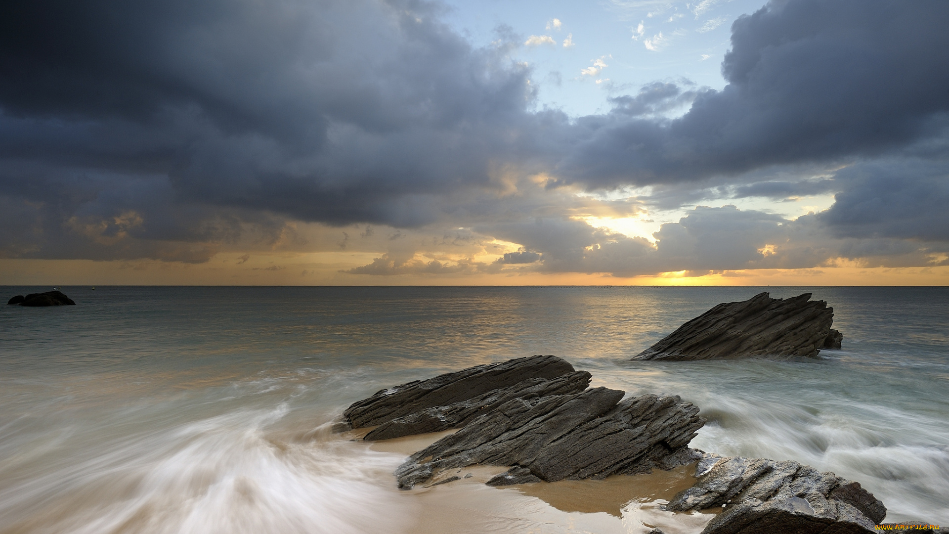 природа, моря, океаны, океан, сумрак, горизонт, облака, камни