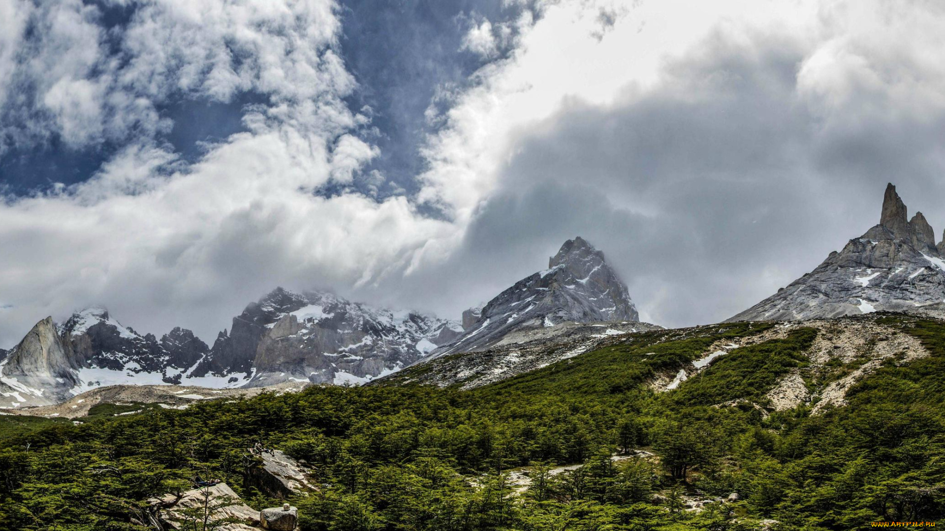 природа, пейзажи, Чили, горы, облака, зелень, национальный, парк, торрес-дель-пайне, torres, del, paine, valle, frances, небо