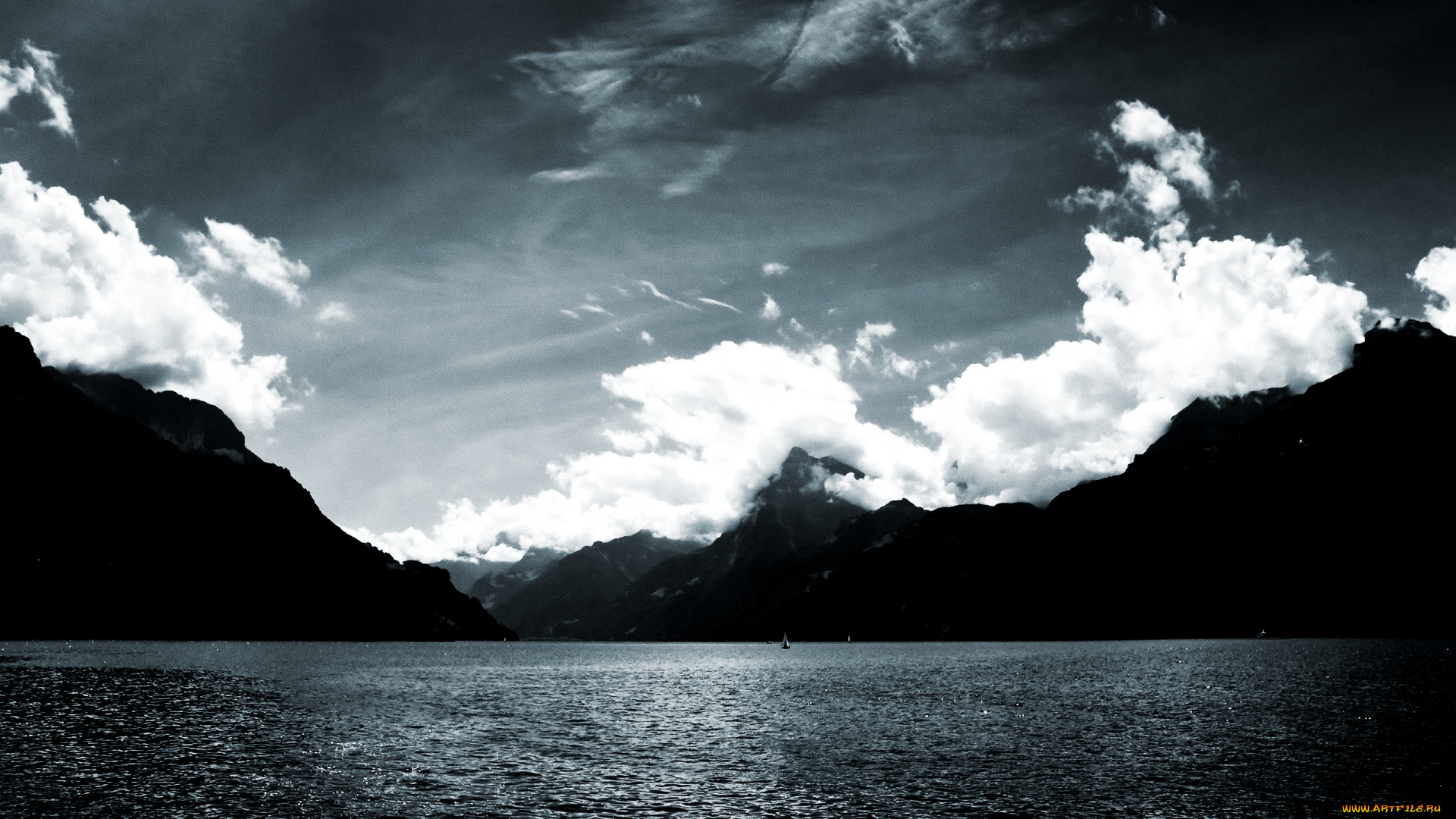 природа, реки, озера, озеро, горы, облака, яхты