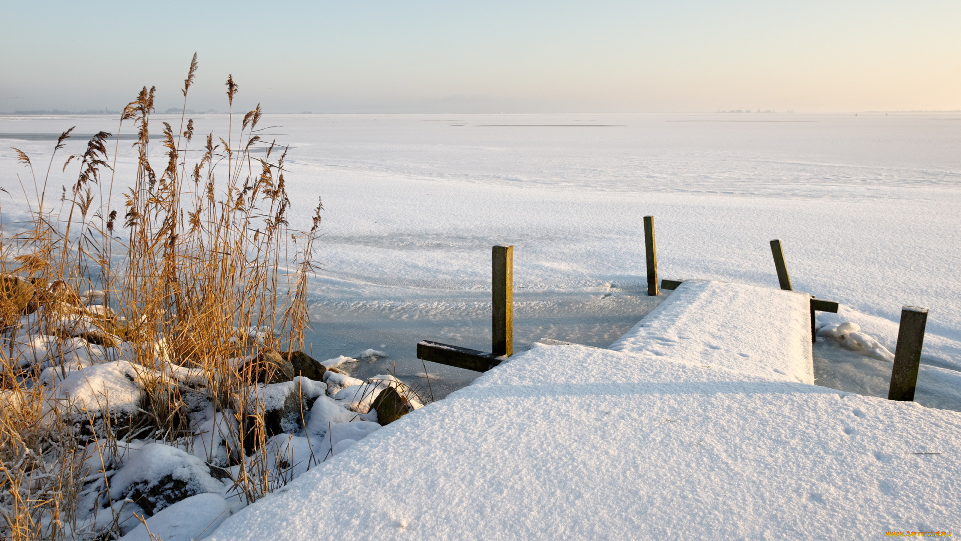 природа, зима, камыши, причал, снег, река