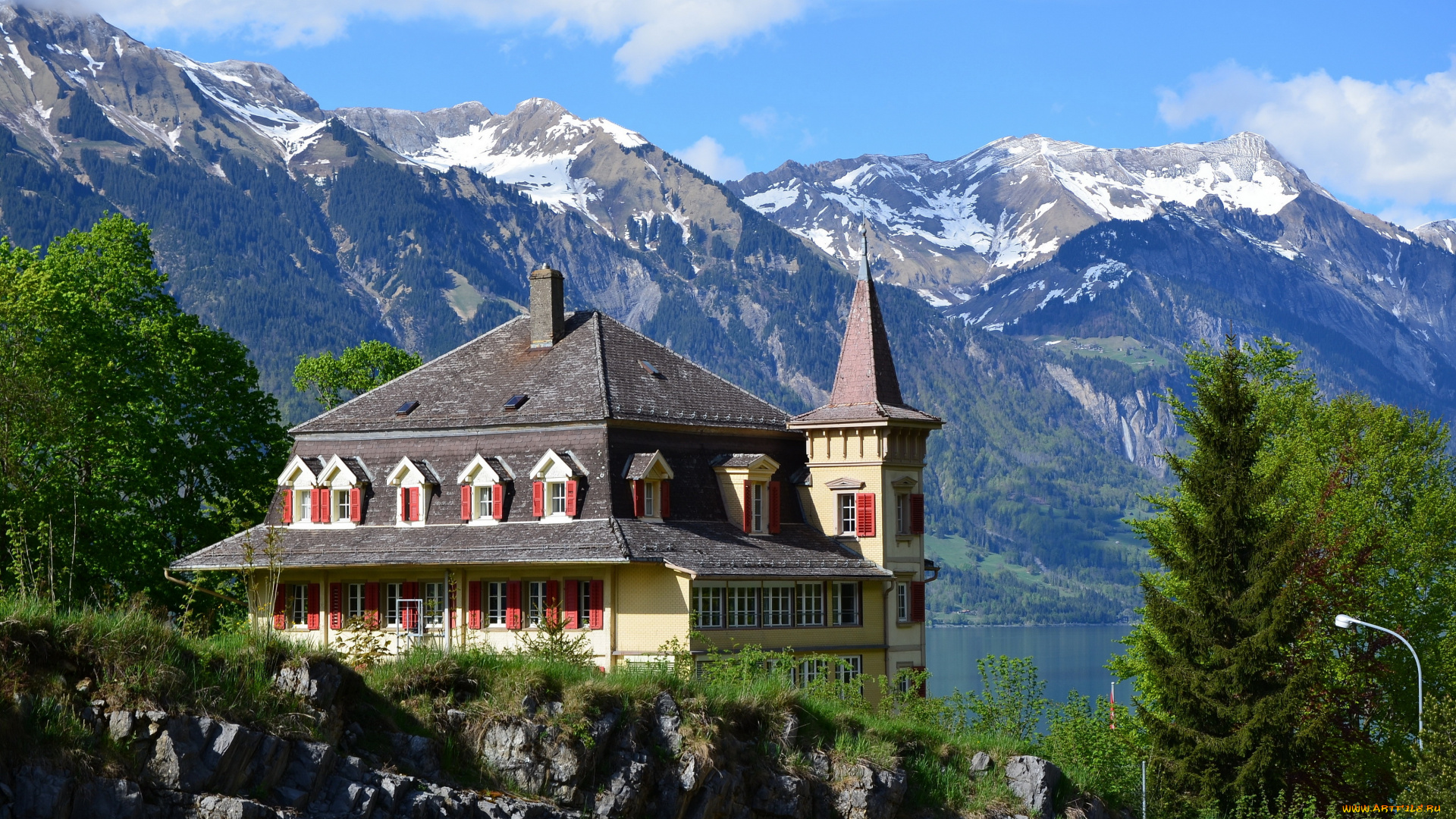 швейцария, берн, iseltwald, lake, brienz, города, здания, дома, озеро, горы