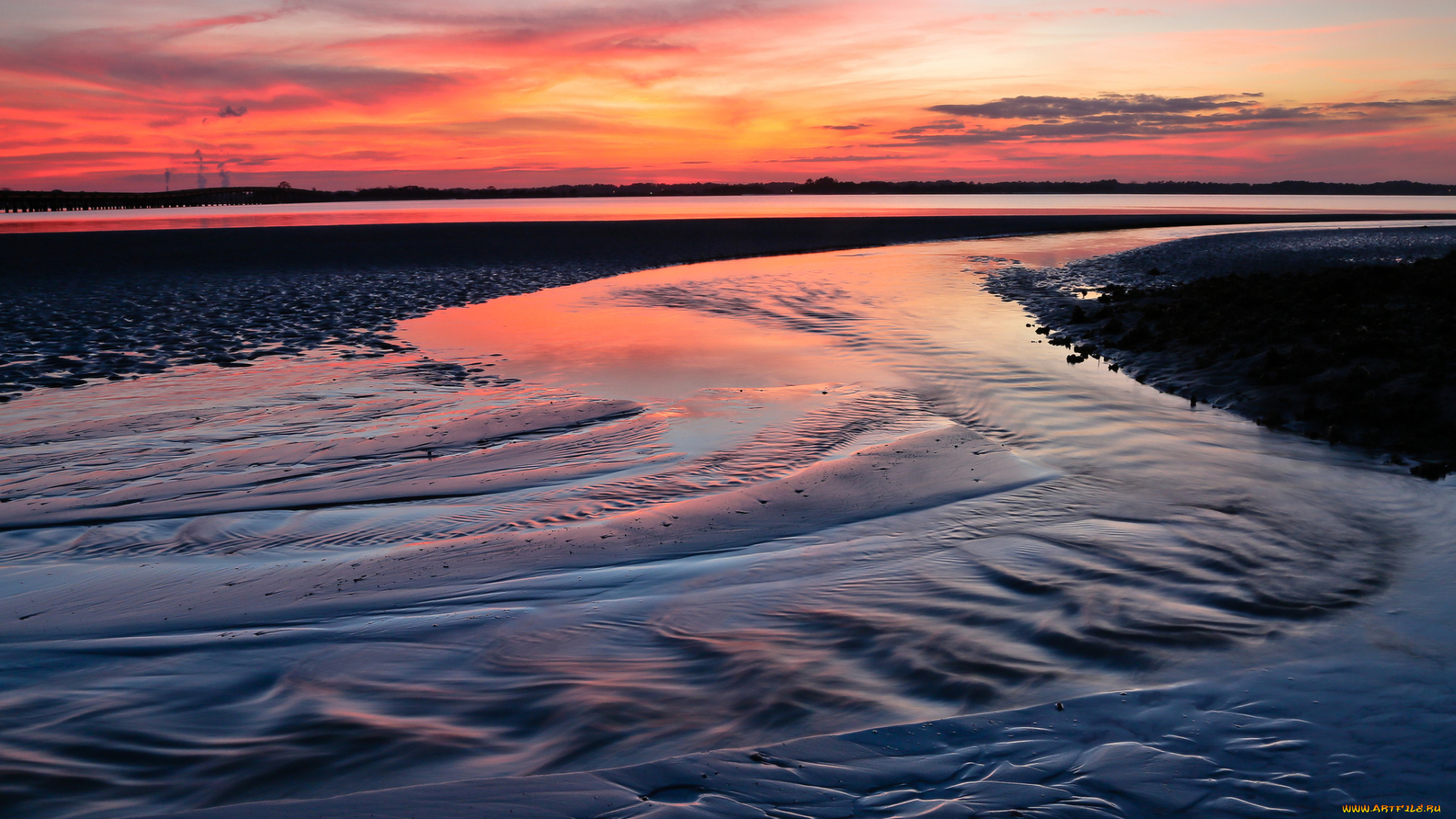 sunset, природа, побережье, отмель, закат