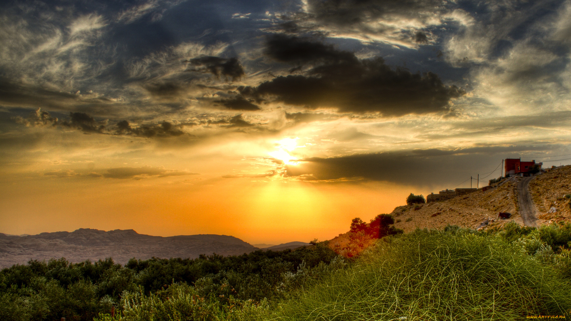 sunset, природа, восходы, закаты, трава, дорога, строение, леса, горы