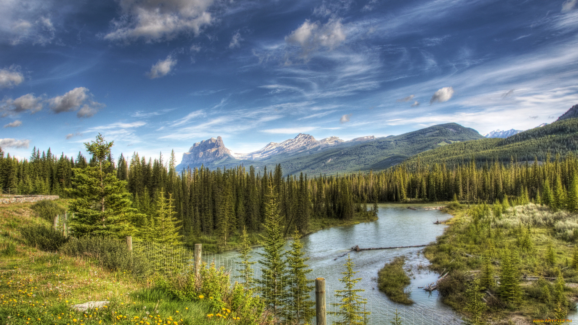 vermillion, river, and, castle, mountain, kootenay, national, park, canada, природа, реки, озера, лес, горы, река