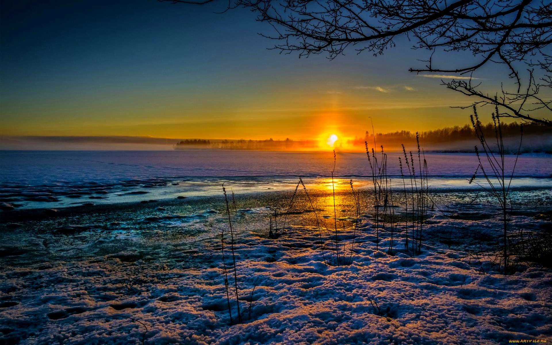 природа, восходы, закаты, закат, озеро, трава