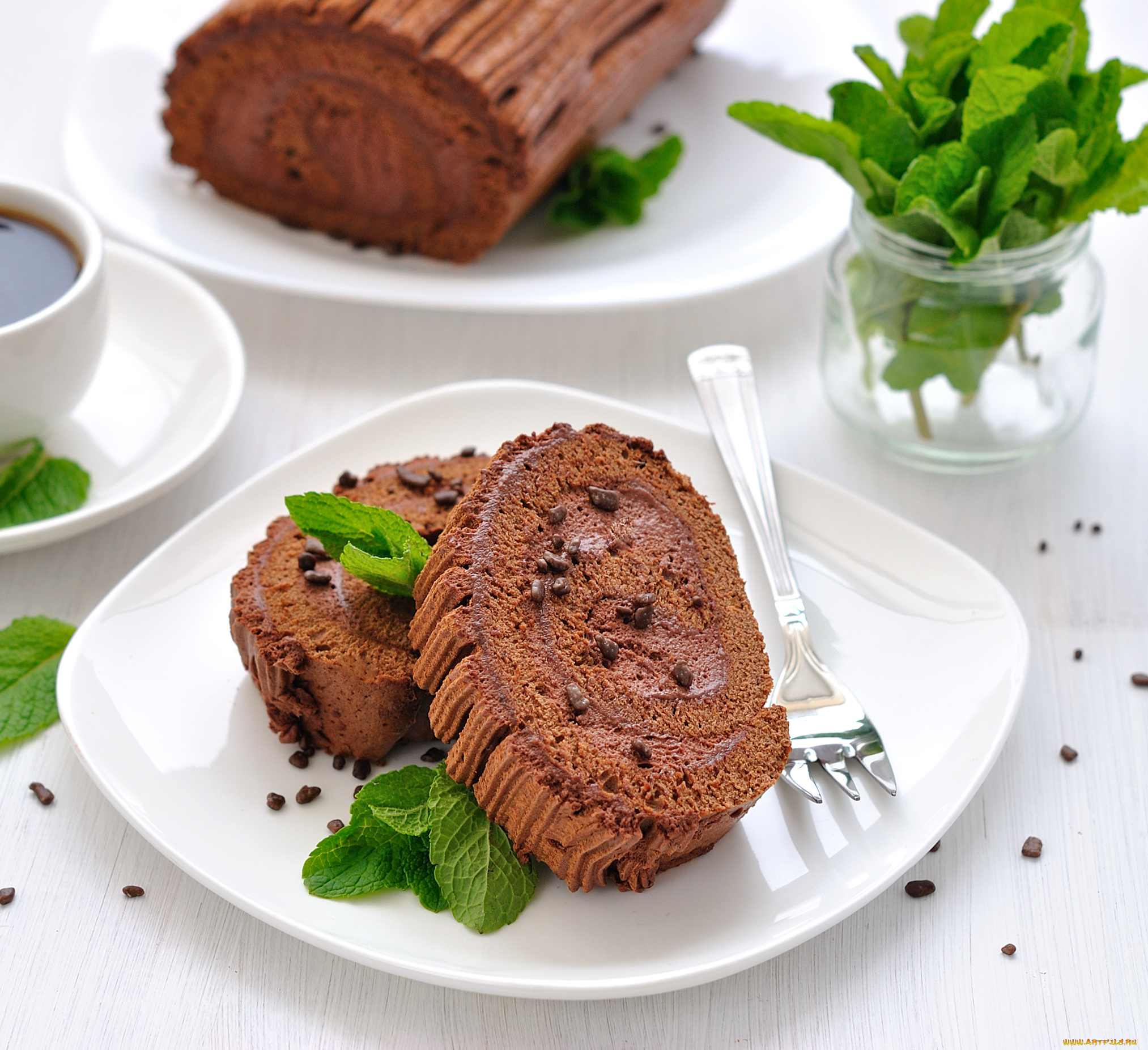 еда, пирожные, кексы, печенье, рулет, мята, вилка