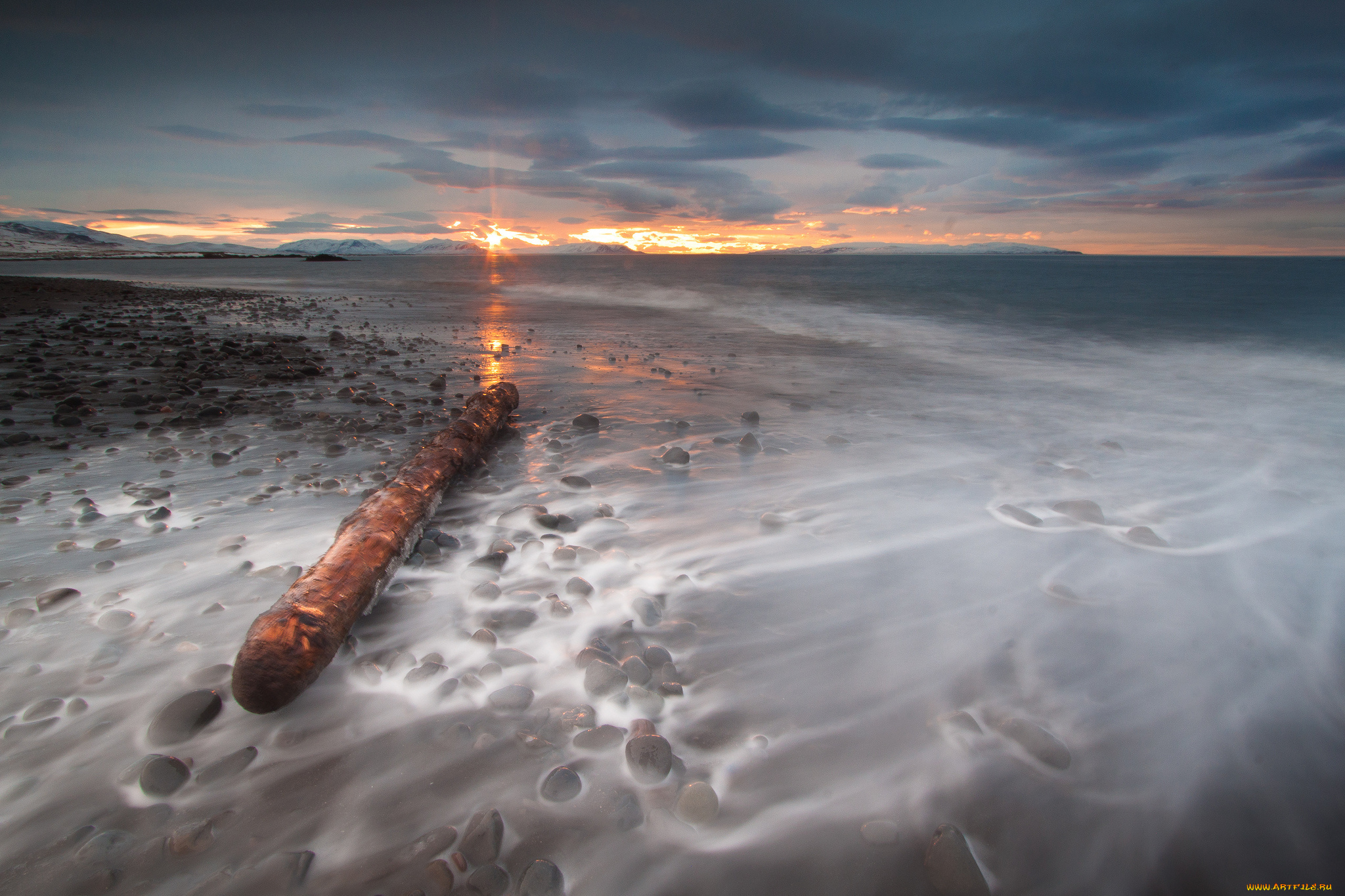 sunset, природа, восходы, закаты, побережье, закат, океан, бревно, камни