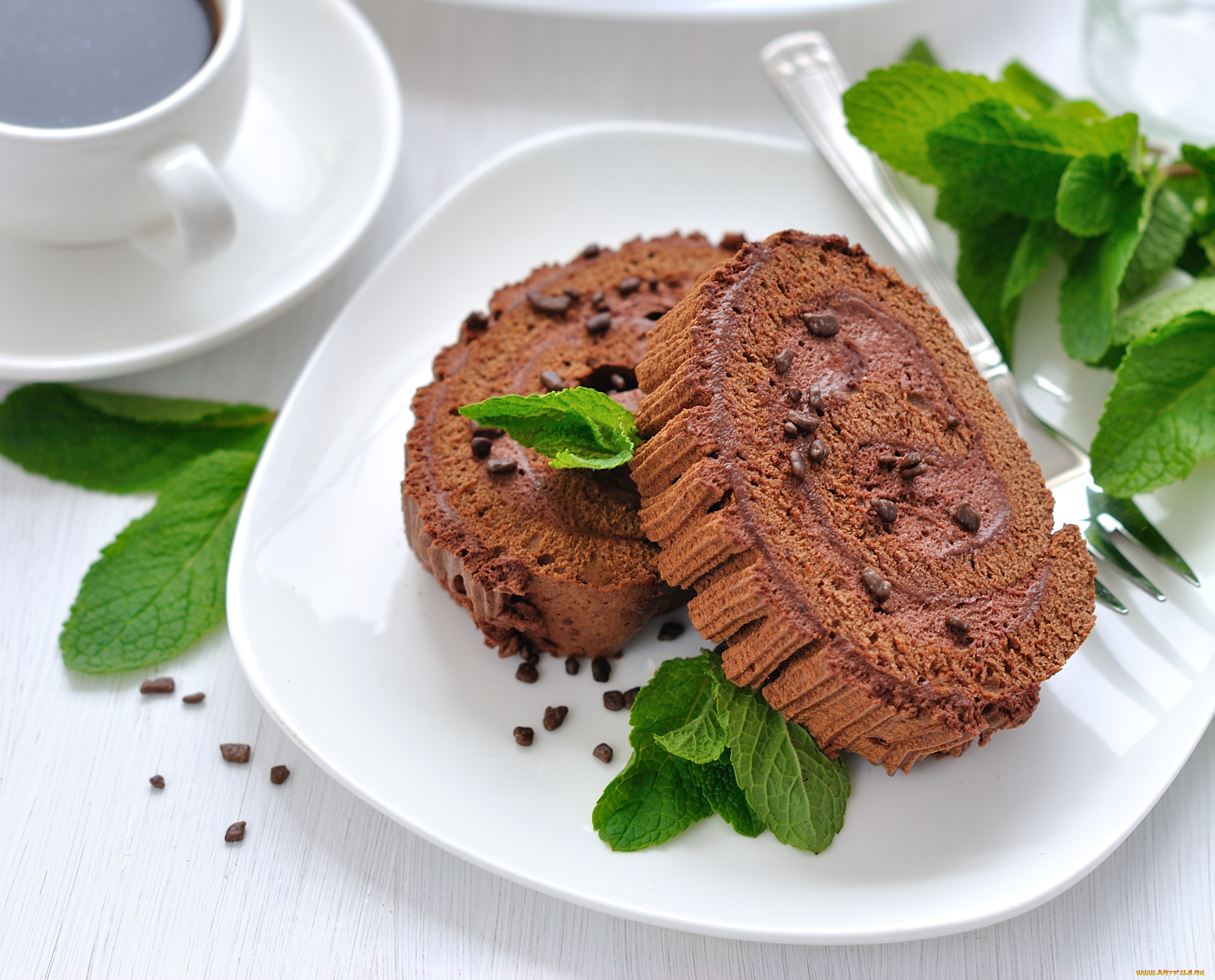 еда, пирожные, кексы, печенье, вилка, мята, рулет