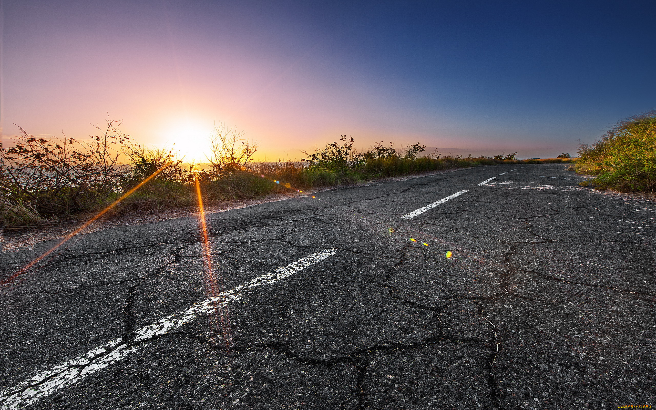 sunset, природа, дороги, трава, обочина, закат, лучи, блики, шоссе