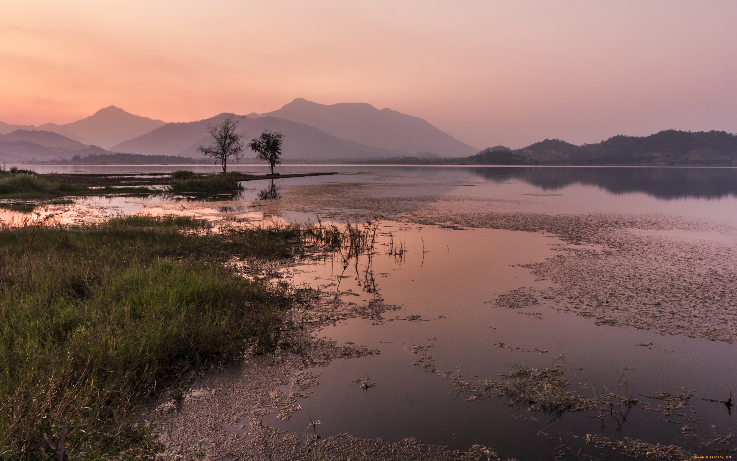 sunset, природа, реки, озера, сумрак, трава, озеро, горы