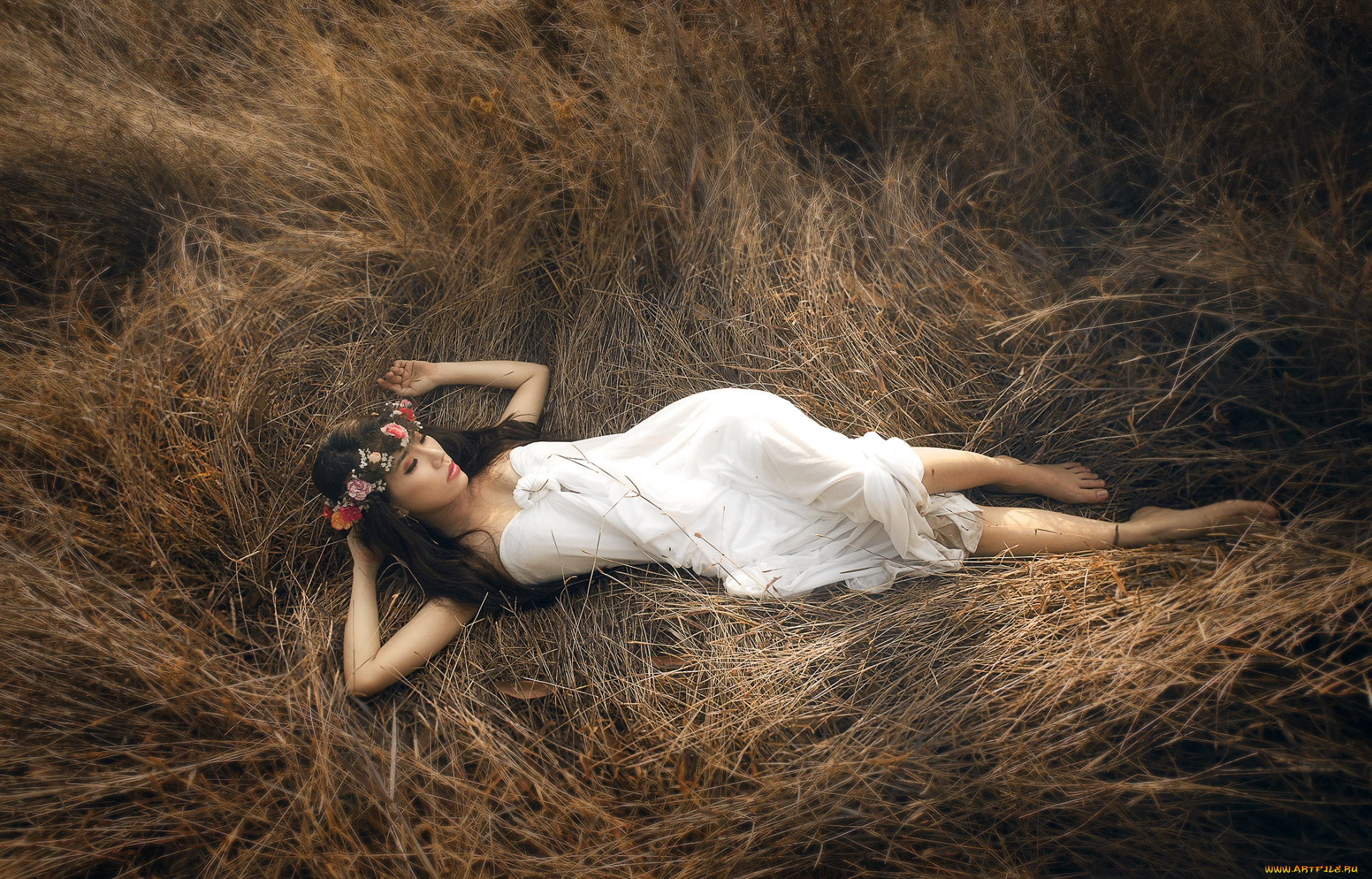 девушки, -unsort, , азиатки, венок, сено