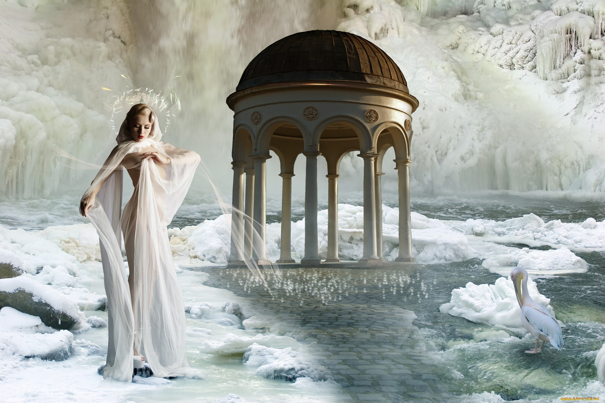 фэнтези, девушки, беседка, девушка, пеликан