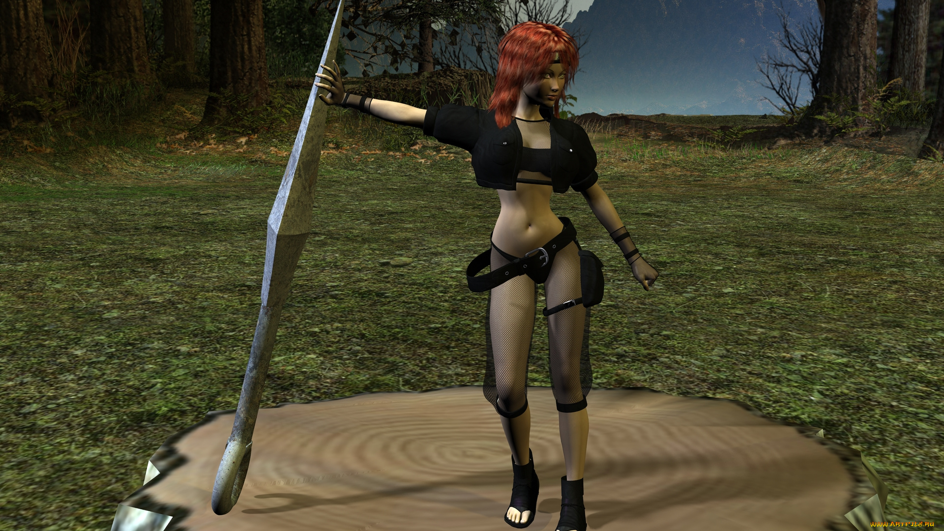 3д, графика, фантазия, , fantasy, девушка, пень, рыжая, фон, взгляд