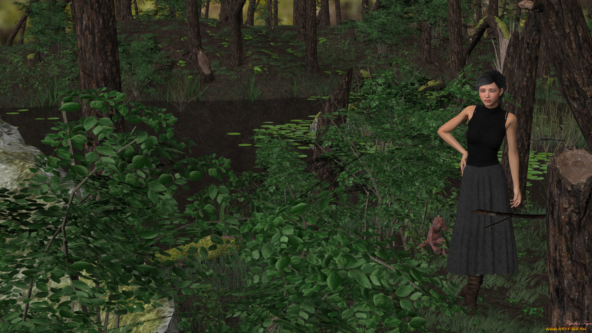 3д, графика, фантазия, , fantasy, троль, река, лес, фон, взгляд, девушка