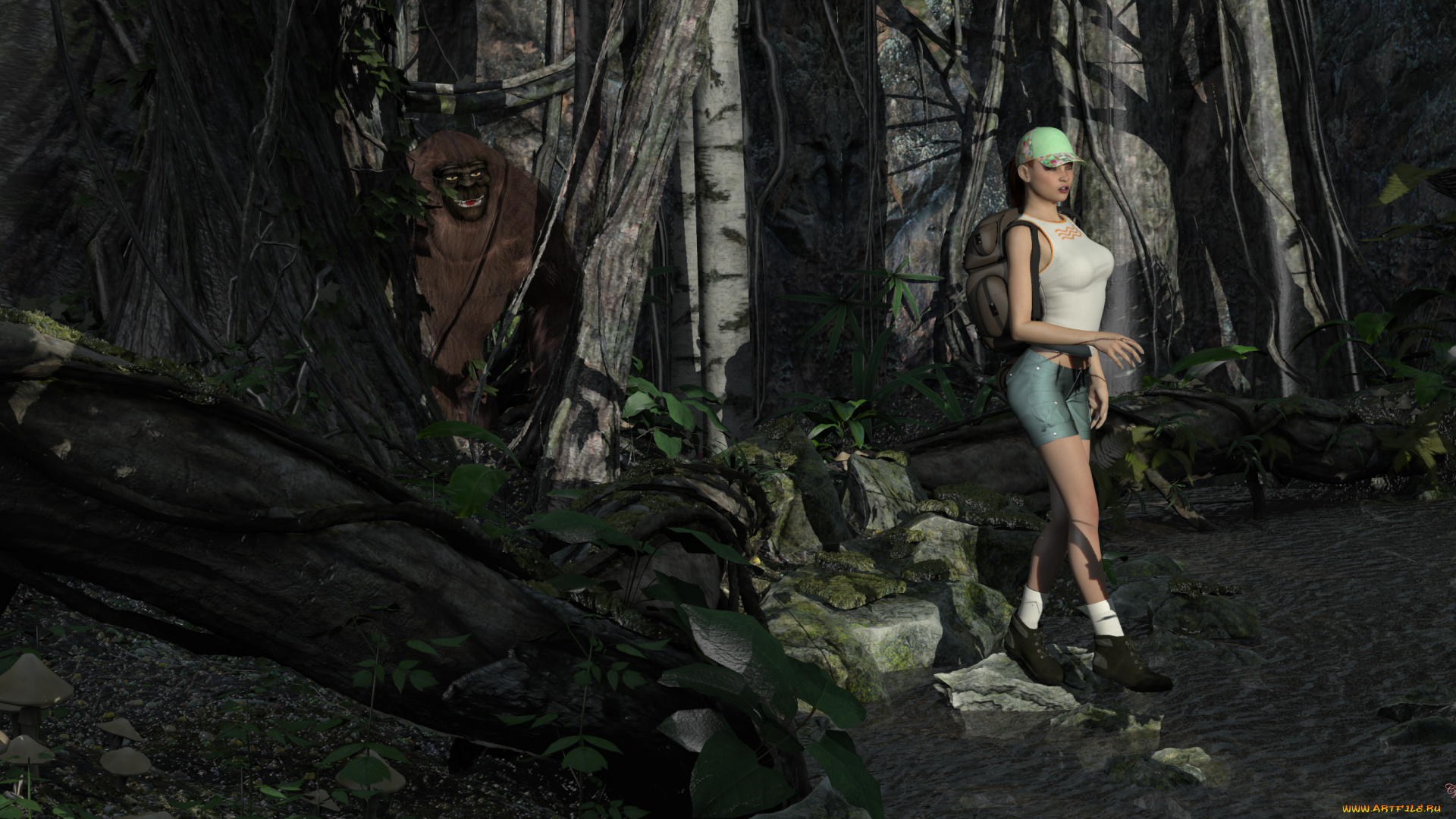 3д, графика, фантазия, , fantasy, взгляд, девушка, горила, лес, фон