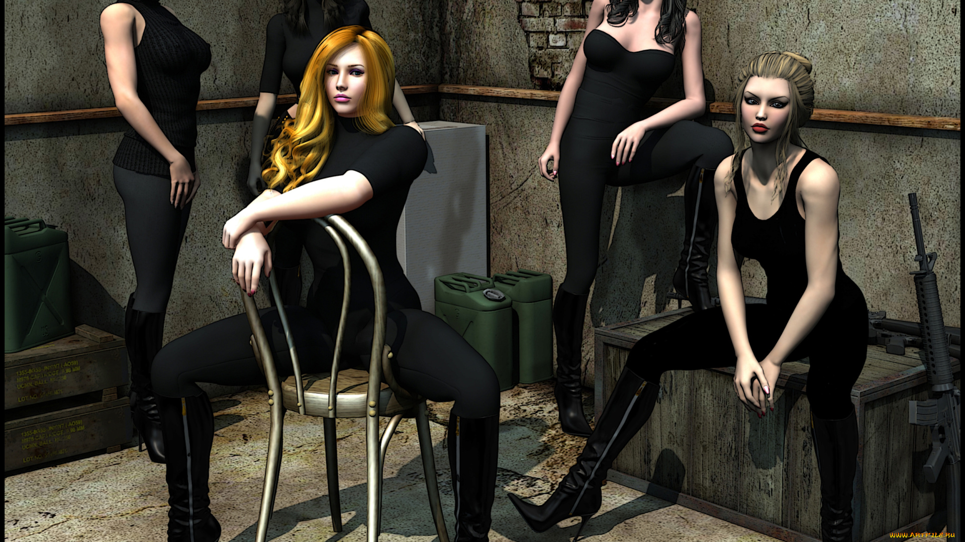 3д, графика, люди, , people, девушки, фон, оружие, стул, взгляд