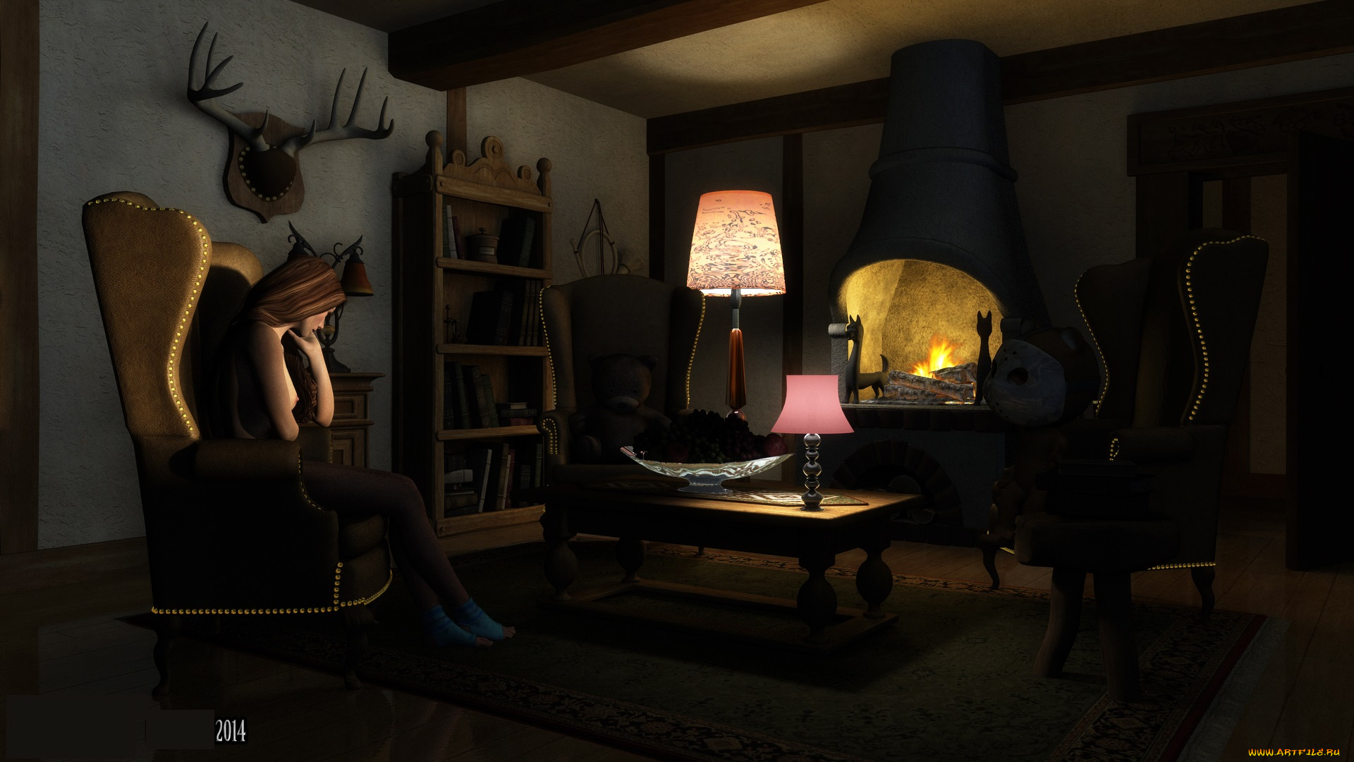 3д, графика, люди, , people, взгляд, девушка, стол, фон, кресло, камин, светильник