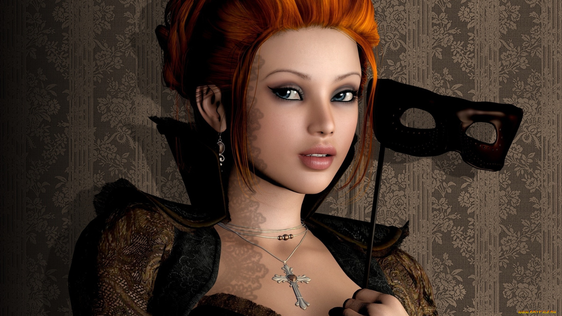 3д, графика, портрет, , portraits, рыжая, фон, взгляд, девушка